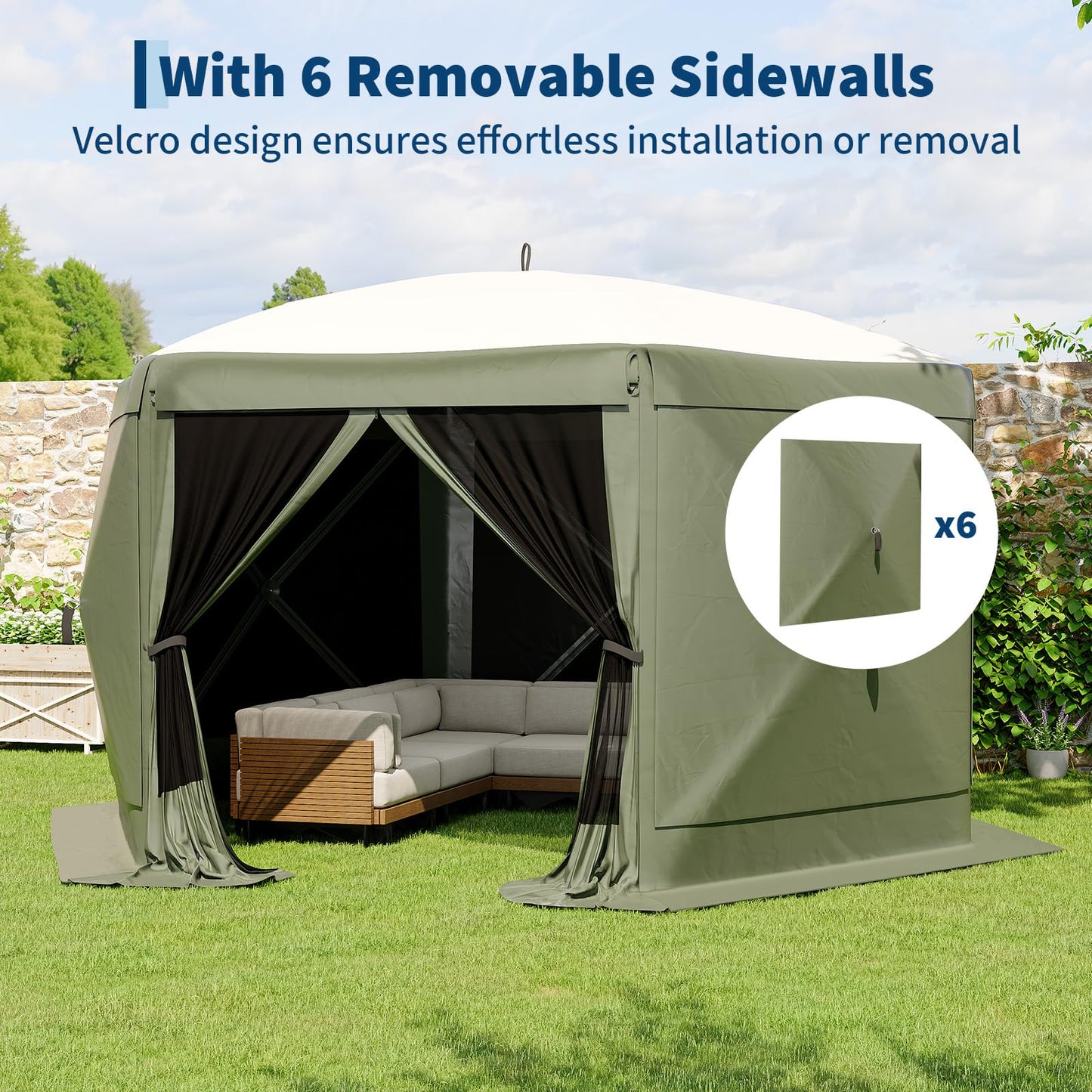 GarveeLife 13x13FT 6-Sided Pop Up Gazebo Tent，One-Push Setup Canopy Tent with Removable Canopy Top & Wind Cloths, Outdoor shelter for Camping, Backyard Parties, Outdoor Events - Army Green