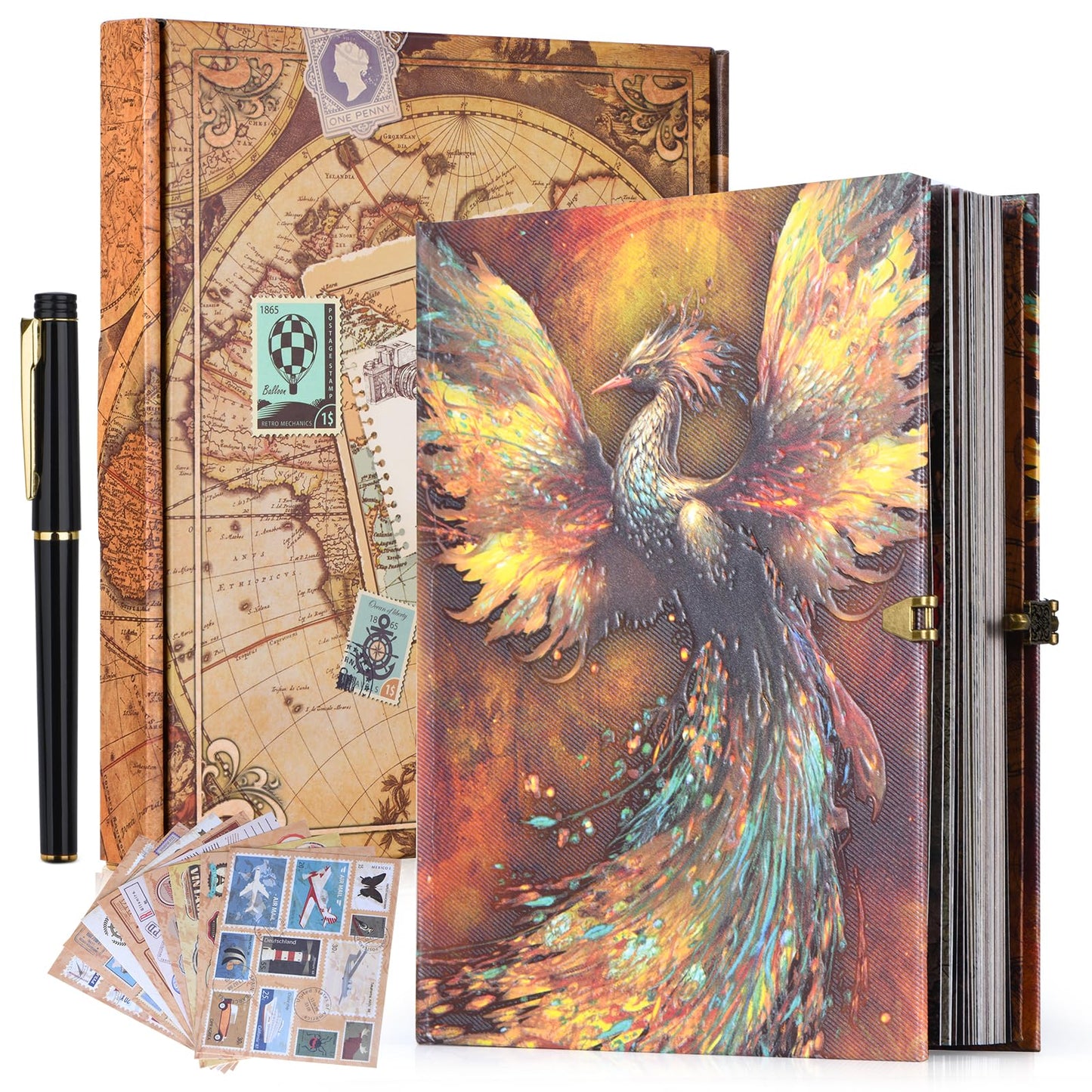 Phoenix Myth Embossed Scrapbook – 124-Page Retro-Style DIY Memory Photo Album, Good Luck Adventure Book for Couples, Anniversaries, Weddings, and Valentine's Day Gifts (Phoenix Luck Style)
