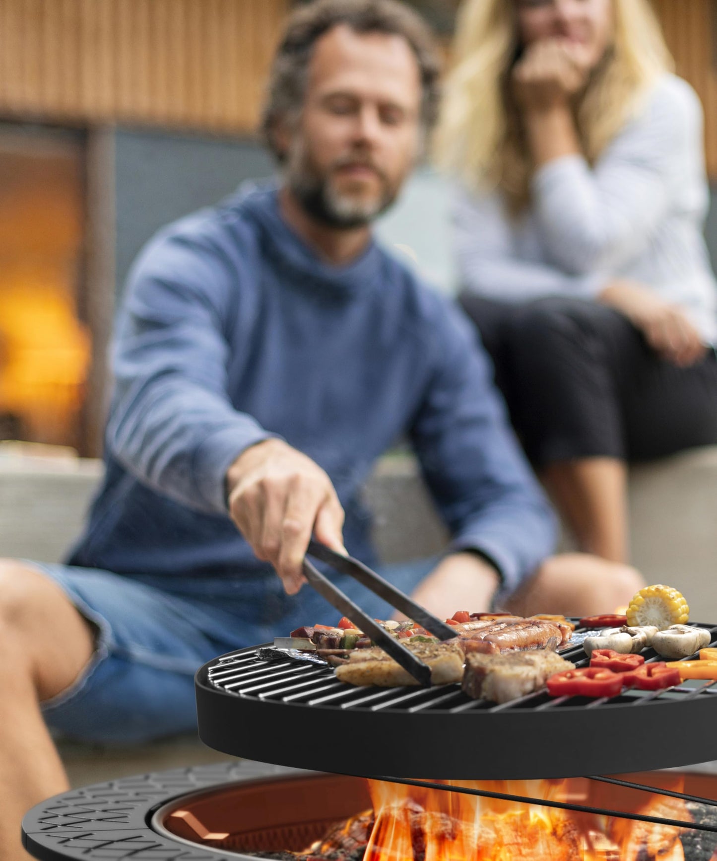 43 Inch Fire Pit with BBQ Grill, Wood Burning Fire Pits for Outside with Lid & Poker, Extra Large Heavy Duty Firepits, BBQ & Outdoor Firepit & Round Metal Table 3 in 1 for Bonfire, Patio, Picnic