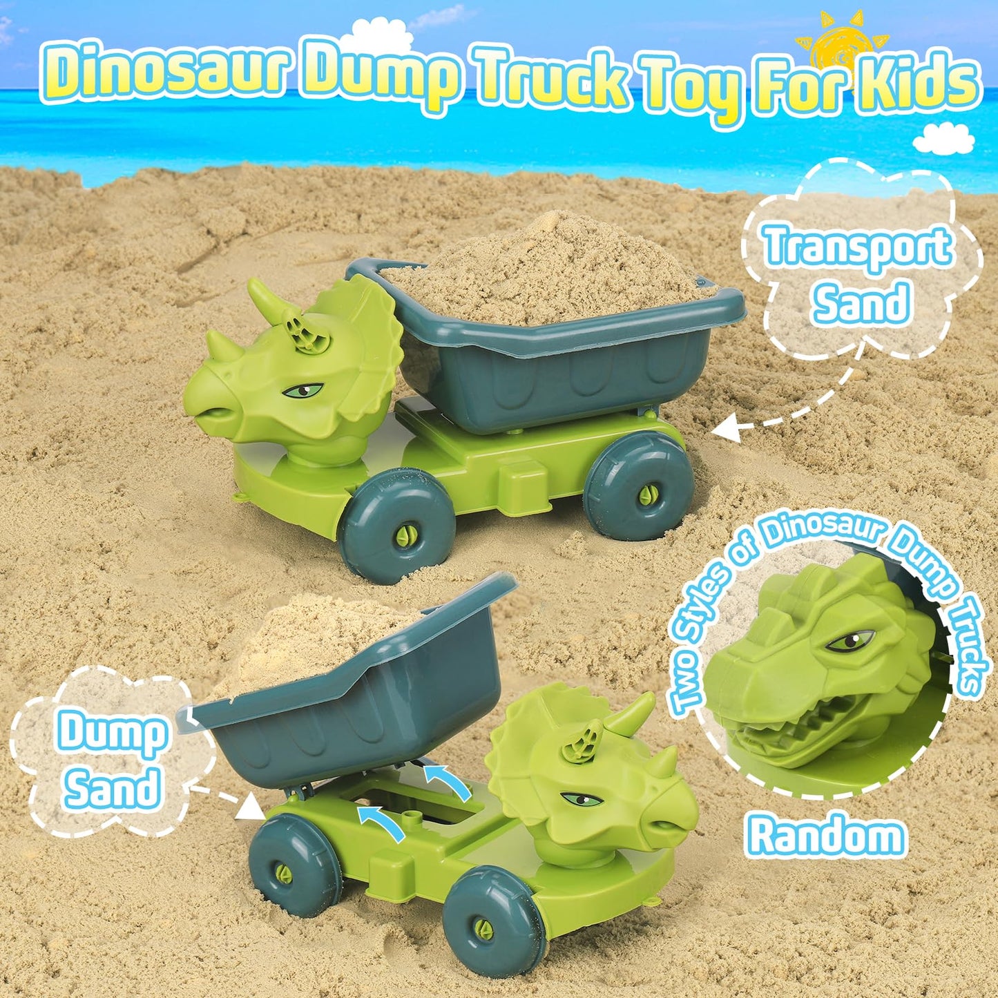 FUSPWEAO Beach Toys, Dinosaur Sand Toys with Dump Truck and Collapsible Beach Bucket, Shovel and Rake, Mesh Bag, Animal Dinosaur Sand Molds, Sand Castle Toy, Sandbox Toys for Toddlers Kids Boys