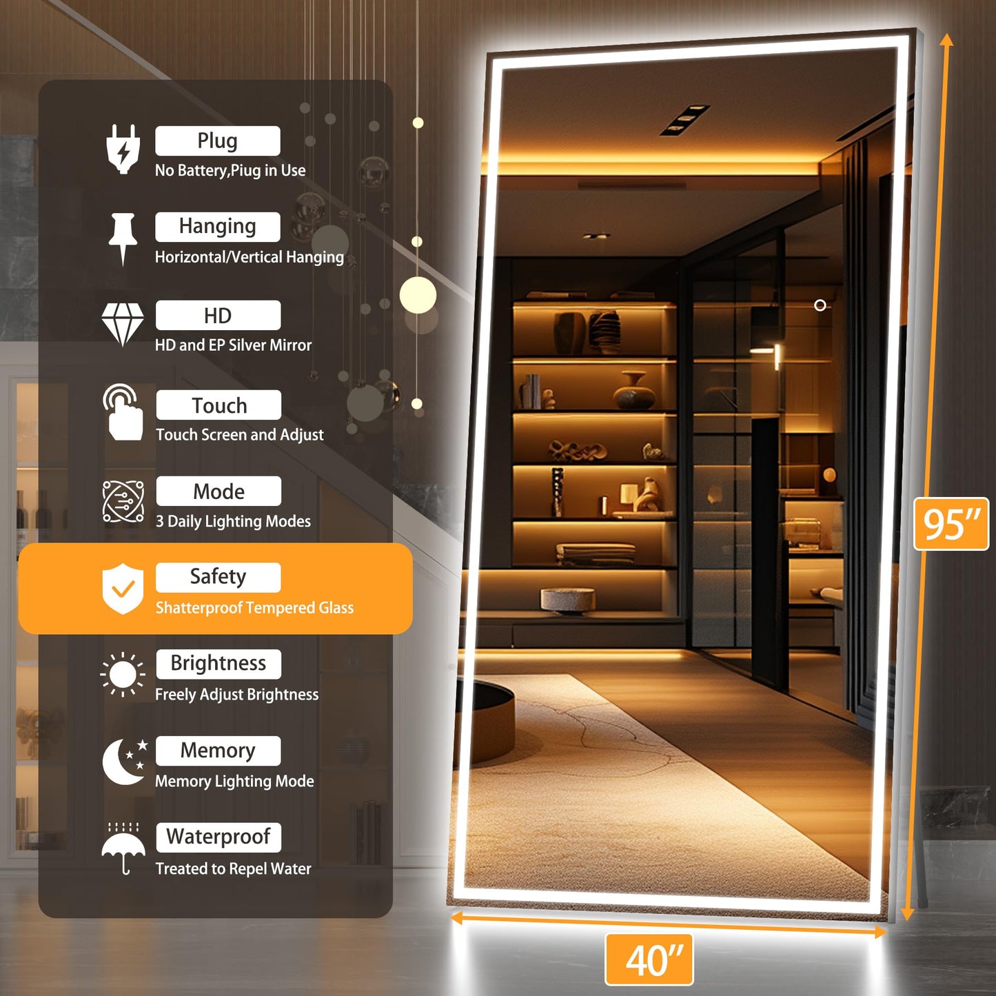 Hasipu Full Length Mirror with Lights, 95" x 40" LED Lighted Floor Standing Mirror, Full Body Dressing Hanging Mounted Mirrors, Dimmable, Tempered Glass, Safe to Use, Square Black