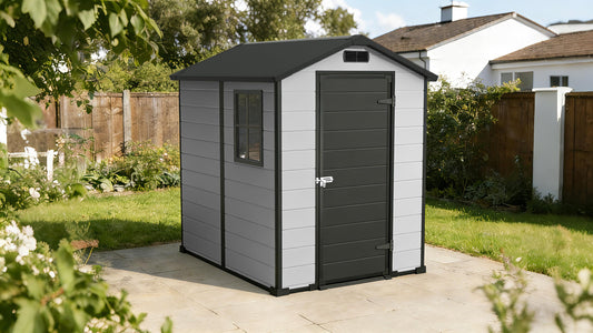 4x6 FT Outdoor Storage Shed, Large Waterproof Resin Garden Shed with Lockable Door Vents Window for Patio Lawn Mower Bike Tool Backyard Organization, Gray + Black