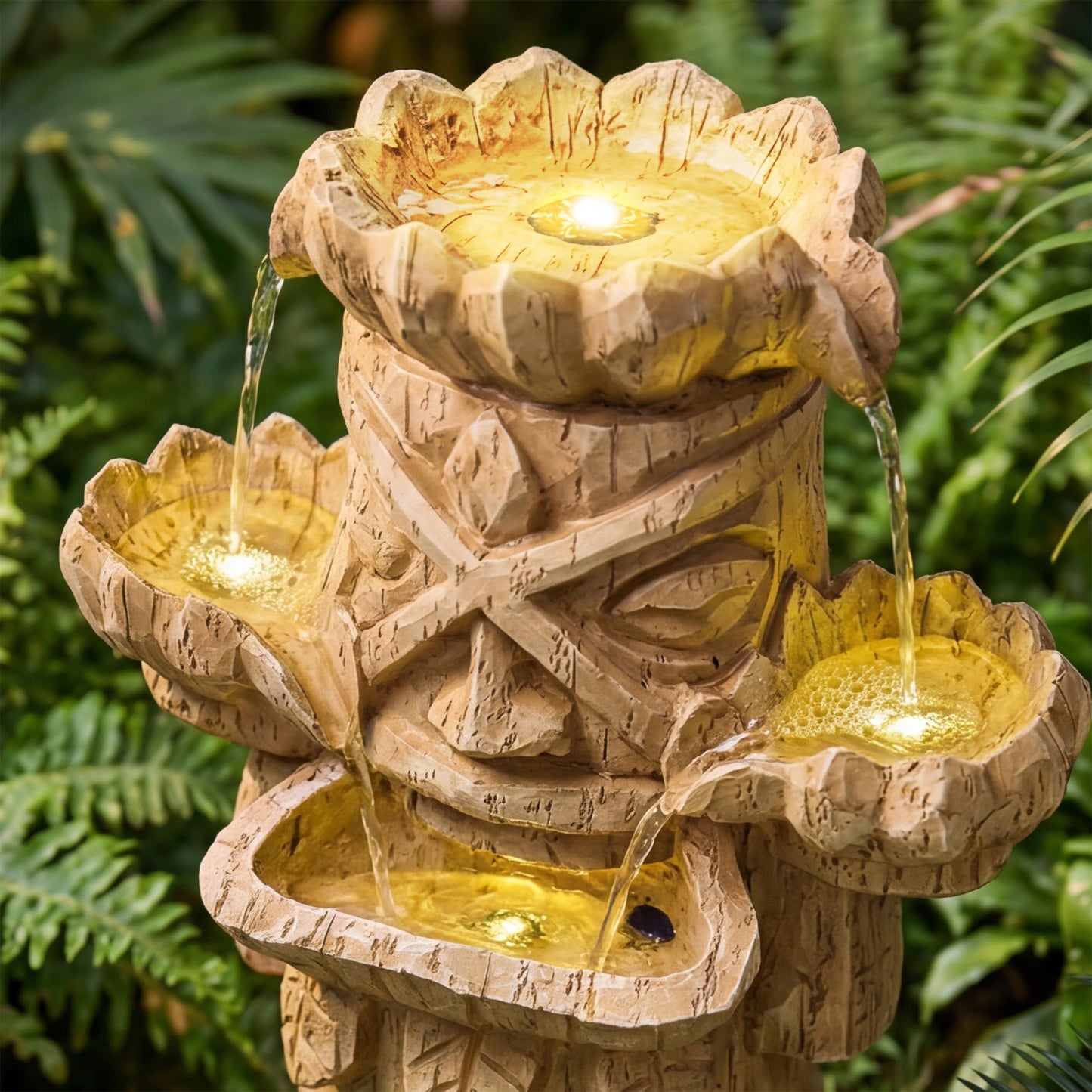 Dalxo 20-Inch Outdoor Water Fountain, 3-Tier Polynesian Tiki Head Resin Waterfall Fountain with 4 Warm LED Lights, Home Art Decor for Garden, Patio, Yard, Deck, Porch, Deck or Lawn in Natural Wood