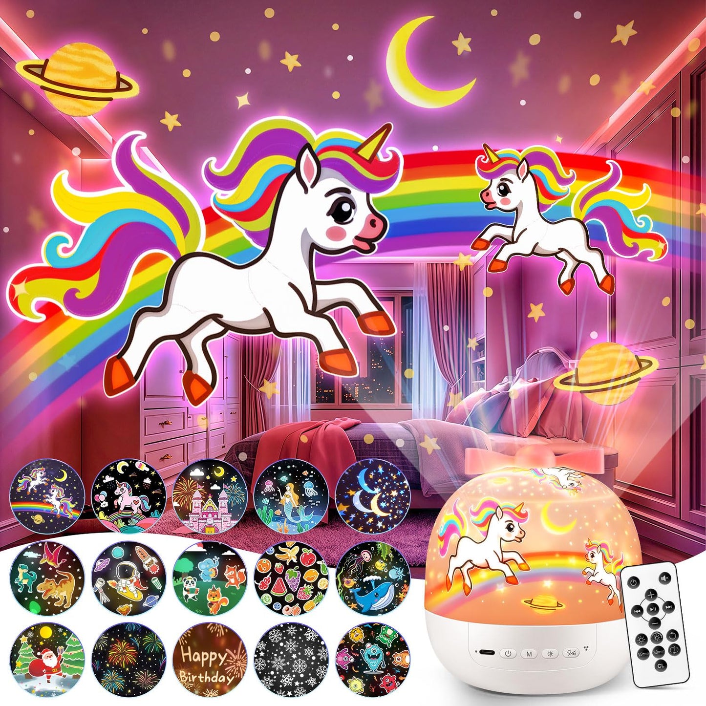 Pikoy Unicorn Toys for Girls Gifts, 15 Films+15 Lullaby Sound Machine for Kids Night Light Projector, Remote+Rechargeable Night Light for Kids Gifts, 360 °Rotation Princess Mermaid Toddler Girl Toys