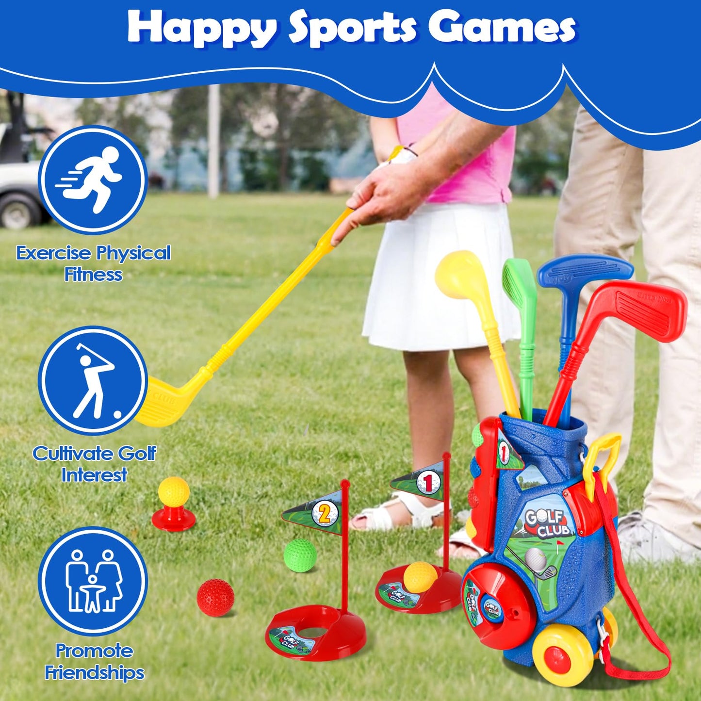 SUPER JOY Toddler Golf Set, Kids Golf Cart with 4 Clubs & 8 Balls, Indoor Outdoor Kid Golf Clubs for 3-5 Boys Girls, Mini Golf Birthday Gifts for Baby 3-5 Years Old