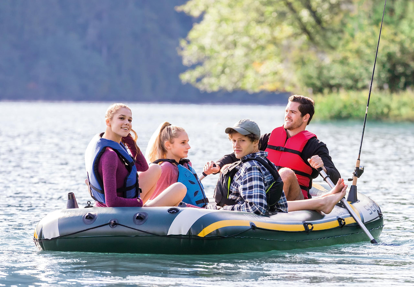 INTEX 68351EP Seahawk 4 Inflatable Boat Set: Includes Deluxe 54in Boat Oars and High-Output Pump – SuperStrong PVC – Fishing Rod Holders – 4-Person – 1050lb Weight Capacity