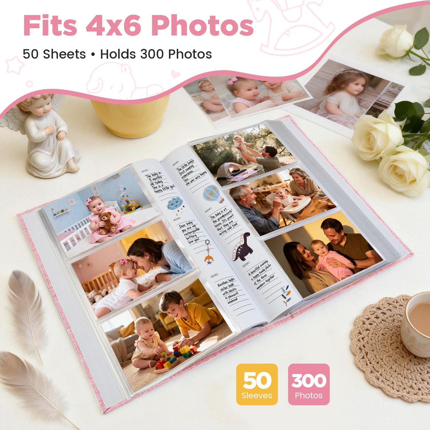 Yatosally Baby Photo Album 4x6 300 Pockets with Memo Area, Photo Stickers & Hand and Footprint Kit, Linen Cover Baby Memory Book with Front Window, First Year Keepsake for Newborn Boy Girl