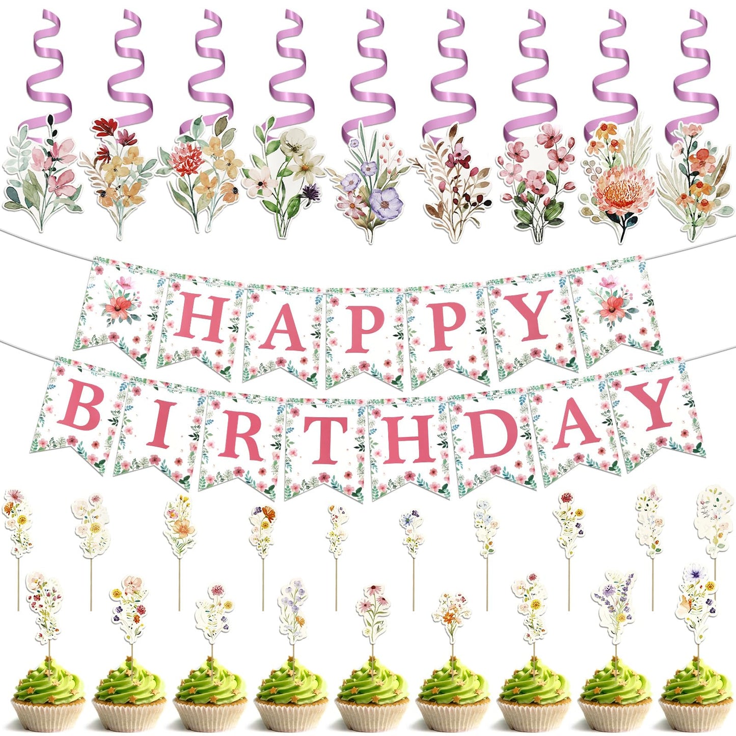VXXOFXWM 84 Pcs Wildflower Cupcake Toppers,Flower Birthday & Baby in Bloom Baby Shower Cake Decorations for Floral Garden Fairy Party