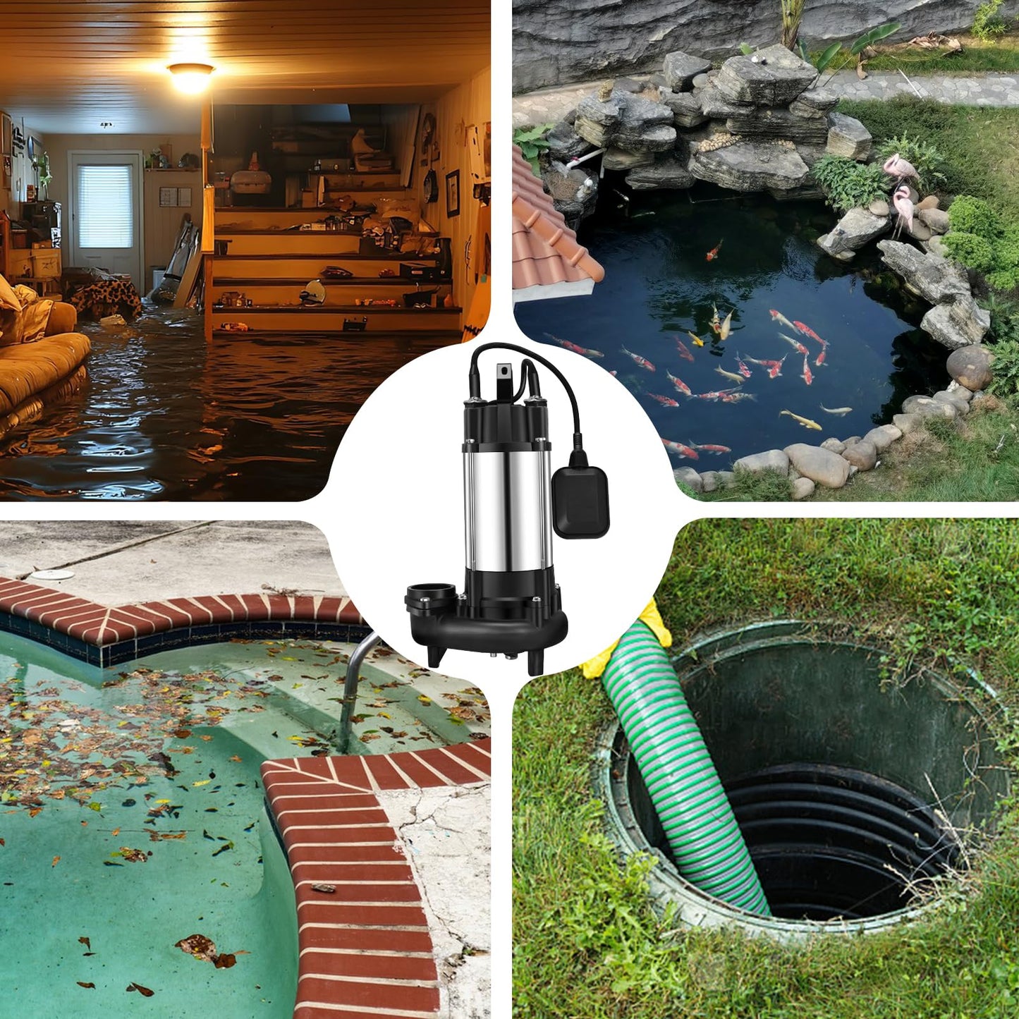 1HP Sewage Sump Pump, 110v 6400GPH Sewage Grinder Pump, Stainless Steel, Automatic Float Switch, Cast Iron Impeller, 2'' Npt Discharge, Submersible Sewage Pump for Basement, Sump Basin, Residential
