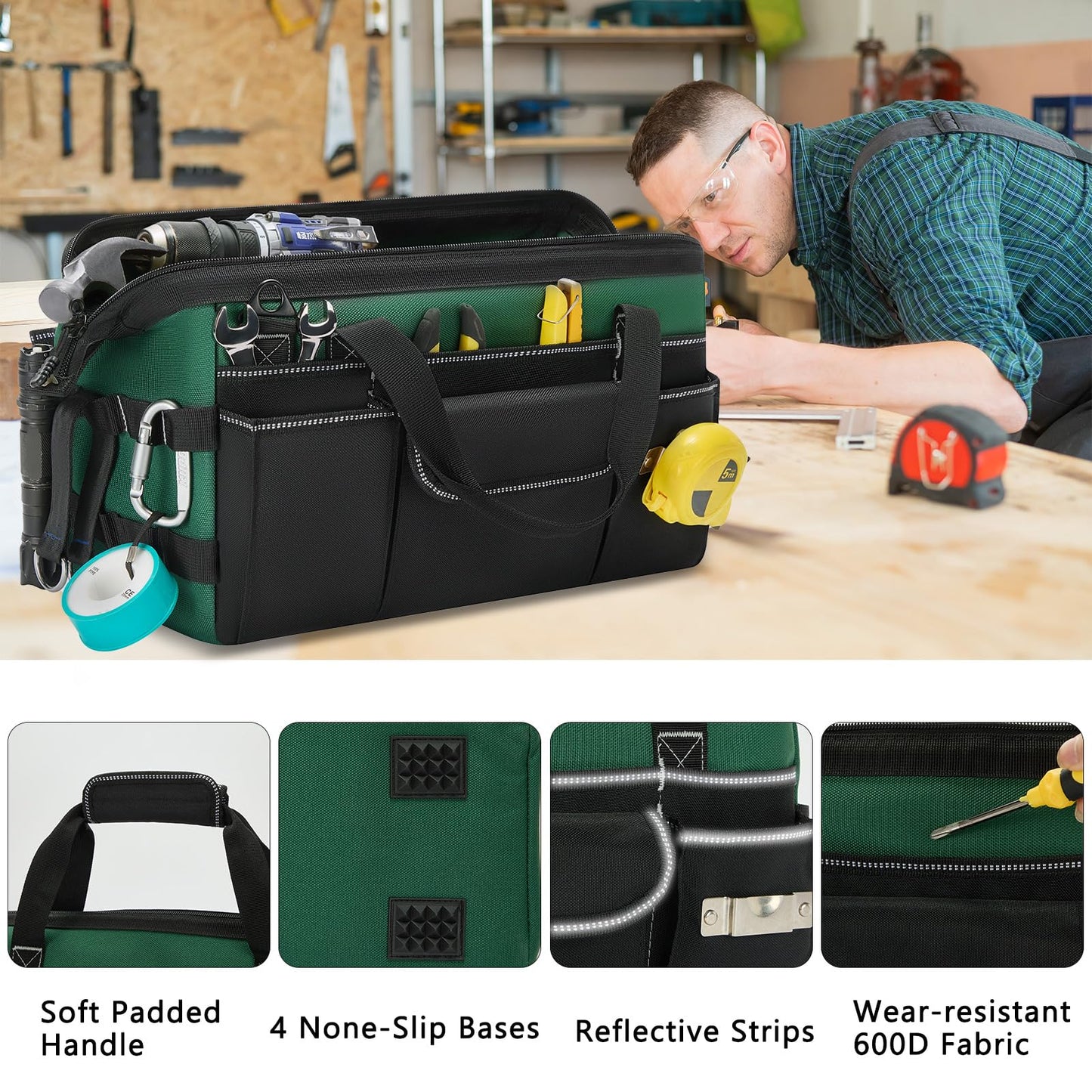 FRECOLSH Heavy Duty Tool Bag for Men with Wrench Organizer – Empty Toolbox Organizer Storage with Anti-Slip Base, Large Zipper Opening – Mechanic Gift for Men, Father's Day