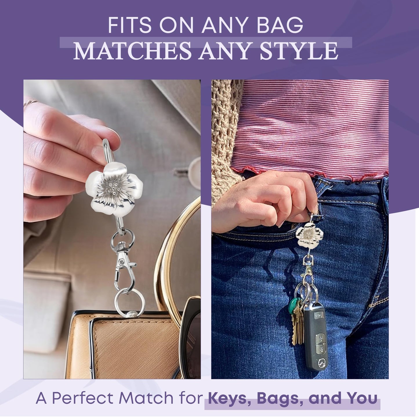 Women’s Bag Charm Key Finder, Car Keychain Hook, Cute Purse Organizer & Tote Bag Accessories, Gifts for Mom - Silver Floral