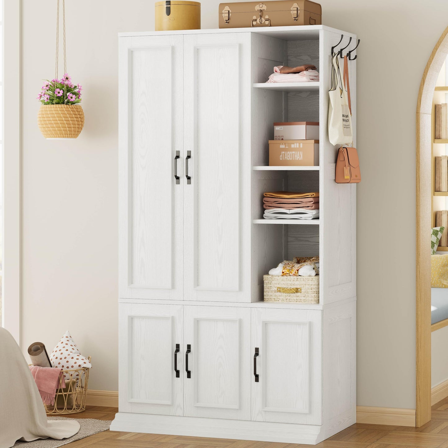 LIKIMIO Armoire Wardrobe Closet 70" H, 5 Doors Bedroom Wooden Wardrobe with 4 Storage Shelves and Hanging Rod, Clothing Storage Cabinet Organizer Combination, White