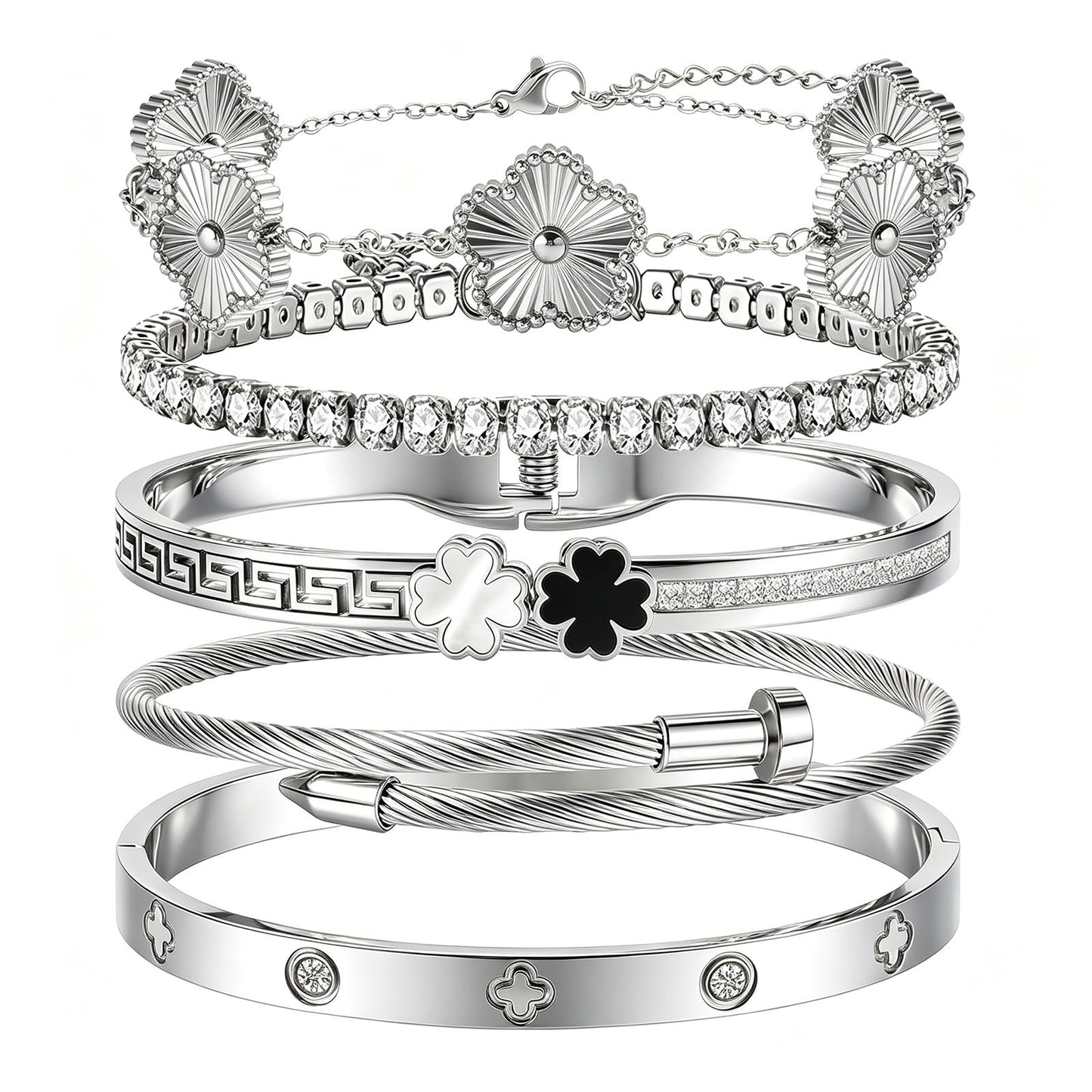 Camhanno 5pcs Gold Stackable Bracelet Set for Women - Stainless Steel Non-Tarnish Clover Lucky Charm Bangle Jewelry, Trendy Gift for Girlfriend/Wife on Christmas Valentine's Birthday
