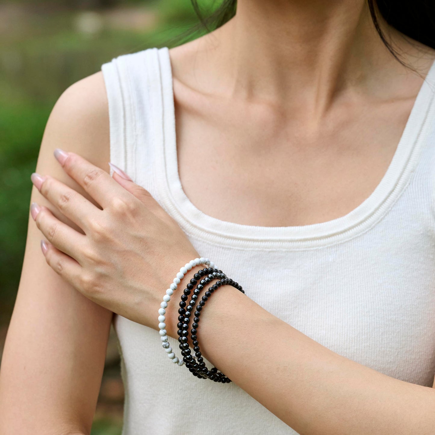 Bivei Black Tourmaline - Protective - 4mm Beaded Bracelets for Women Handmade Semi Precious Natural Stone Stretch Elastic Jewelry Yoga Protection Gifts