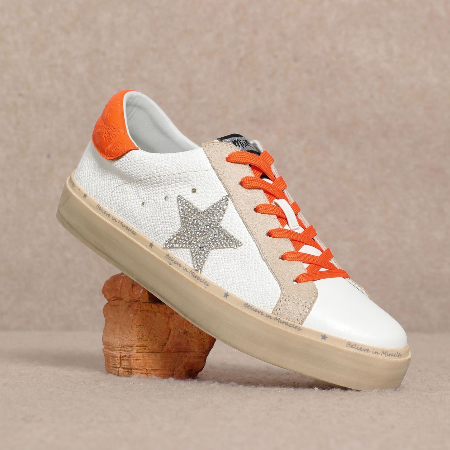 Mi.iM Gaby Rubber Sole Lace-up Snake Print Suede Star Sneakers (White Orange, US Footwear Size System, Adult, Women, Numeric, Medium, 6)