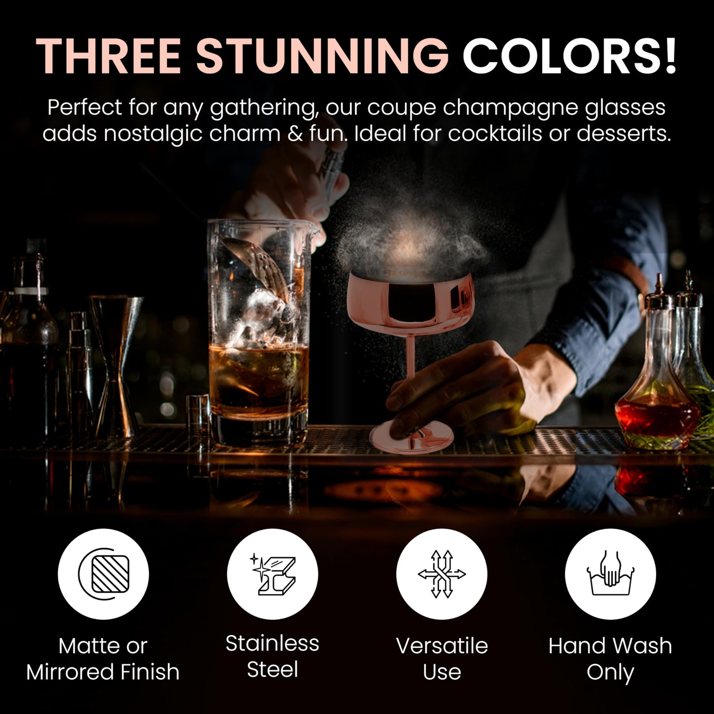 TMNOVO Cocktail Coupe Glasses, Espresso Martini Glasses Set of 4, Stainless Steel Champagne Cocktail Glasses & Mug Cups, 15 oz Mirrored Copper Martini Glass Gift Set
