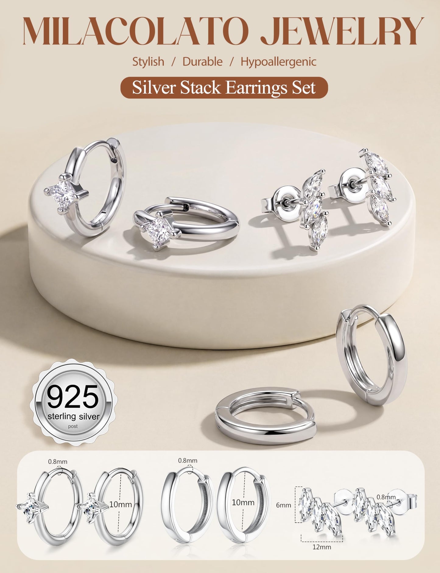 MILACOLATO 925 Sterling Silver Earrings for Women, Sterling Silver Filled Small Stud Huggie Hoop Earrings Sets for Multiple Piercing Hypoallergenic Jewelry, CZ Cartilage Earrings Stacks Trendy Jewelry Gifts, 3 Pairs-Leaf