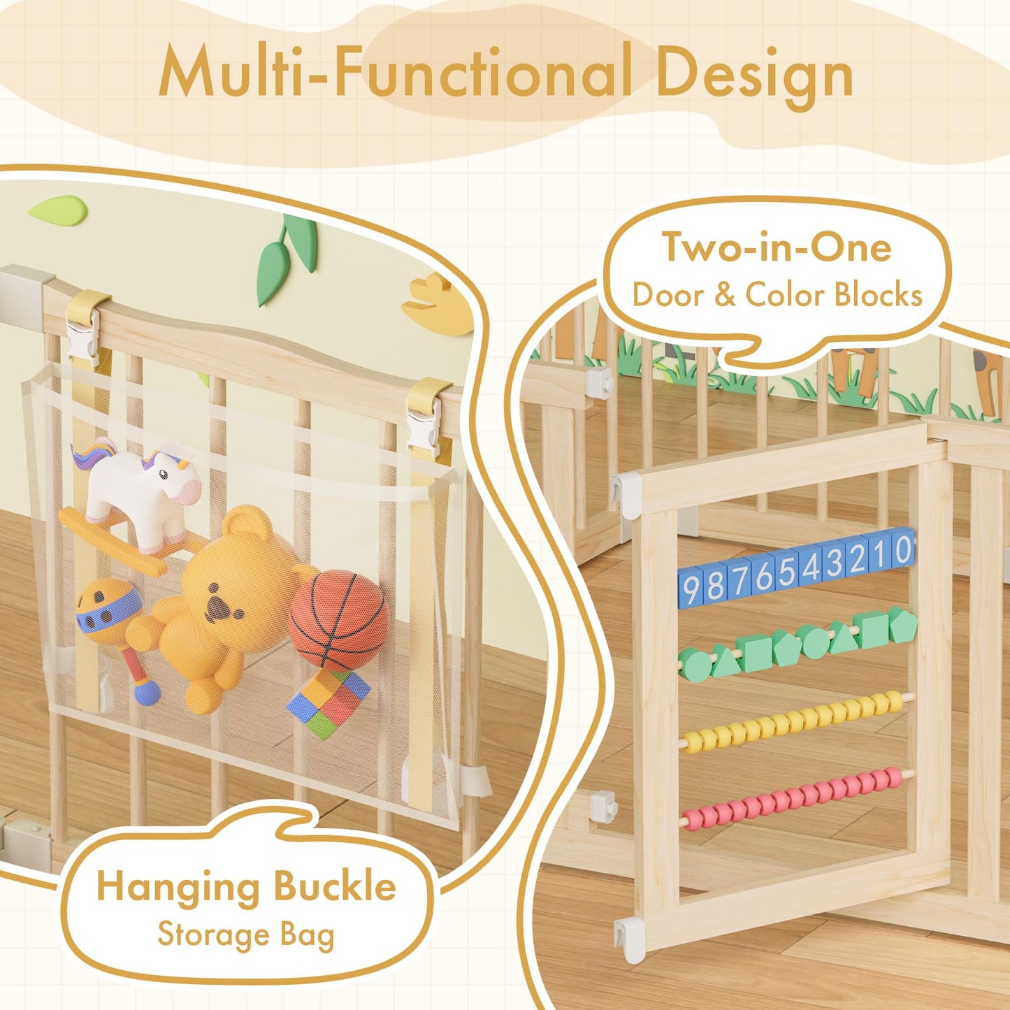 Atoping Wooden Baby Playpen 50 × 50 Inches, Foldable Playpen Fence with Cute Digital Blocks & Storage Bag, Wooden Baby Gate, Multi-Shape Play Yard for Babies and Toddlers Indoor Outdoor