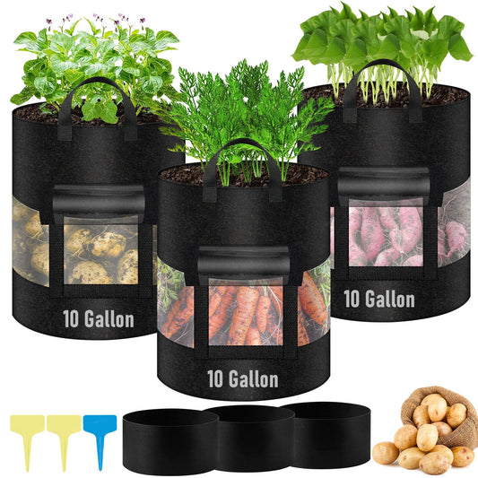 3 Pack 10 Gallon 360°Visible Potato Grow Bags,Heavy Duty Thickened Nonwoven Fabric Planter Bags with 2 Clear Harvest Windows&Removable Shading Cover,Reinforced Handles,Vegetable Grow Bags with Labels