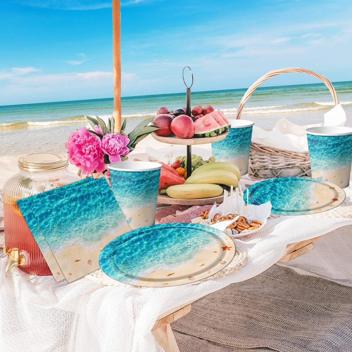 Beach Party Supplies, 144Pcs Ocean Waves Birthday Party Supplies Tableware Set Summer Pool party Decorations Ocean Plates and Napkins and Cups for Hawaiian Birthday Decorations