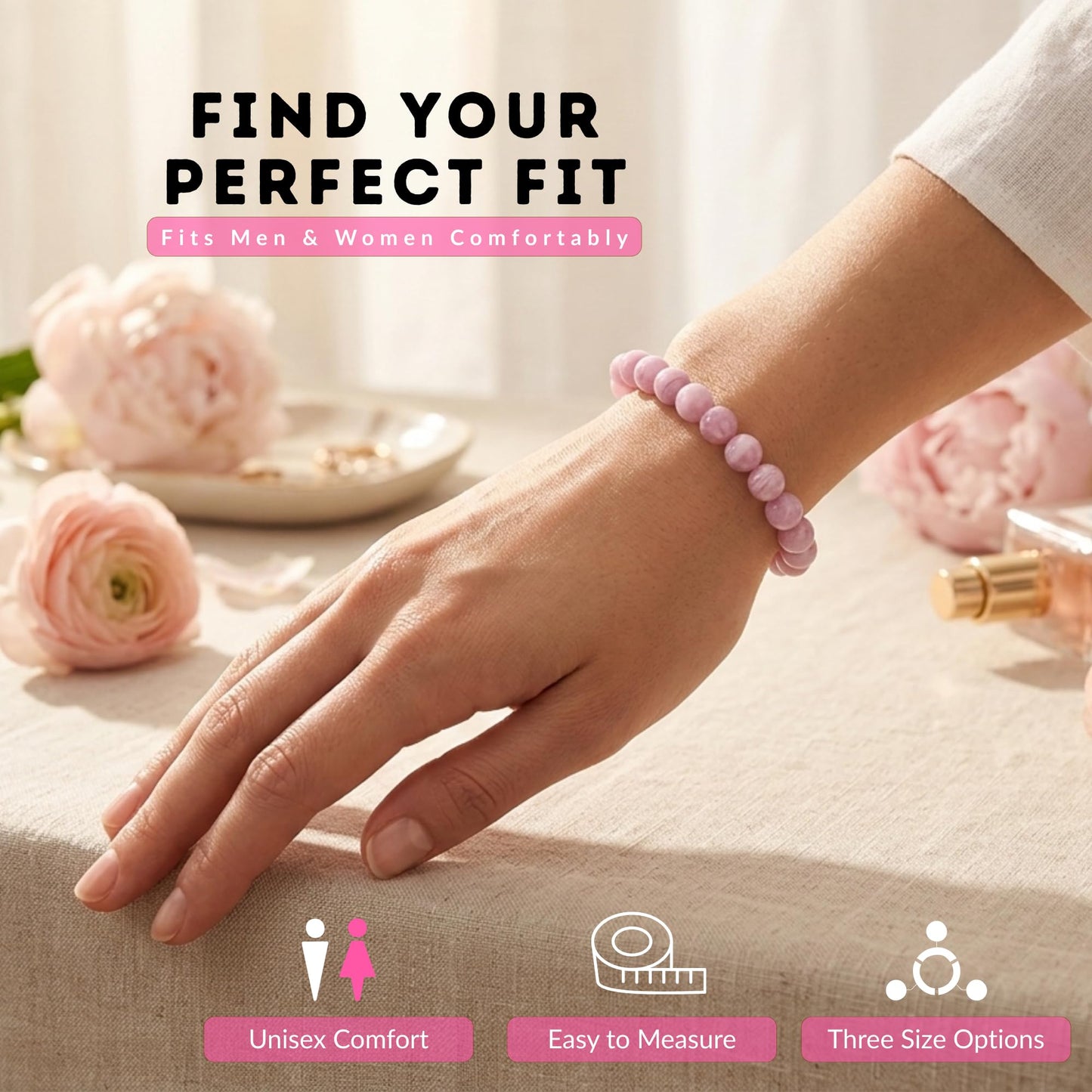 Cherry Tree Collection Kunzite Beaded Bracelet – Genuine 8mm Gemstone Stretch Bracelet for Men & Women – Handmade Crystal Bracelet - (Kunzite - S)