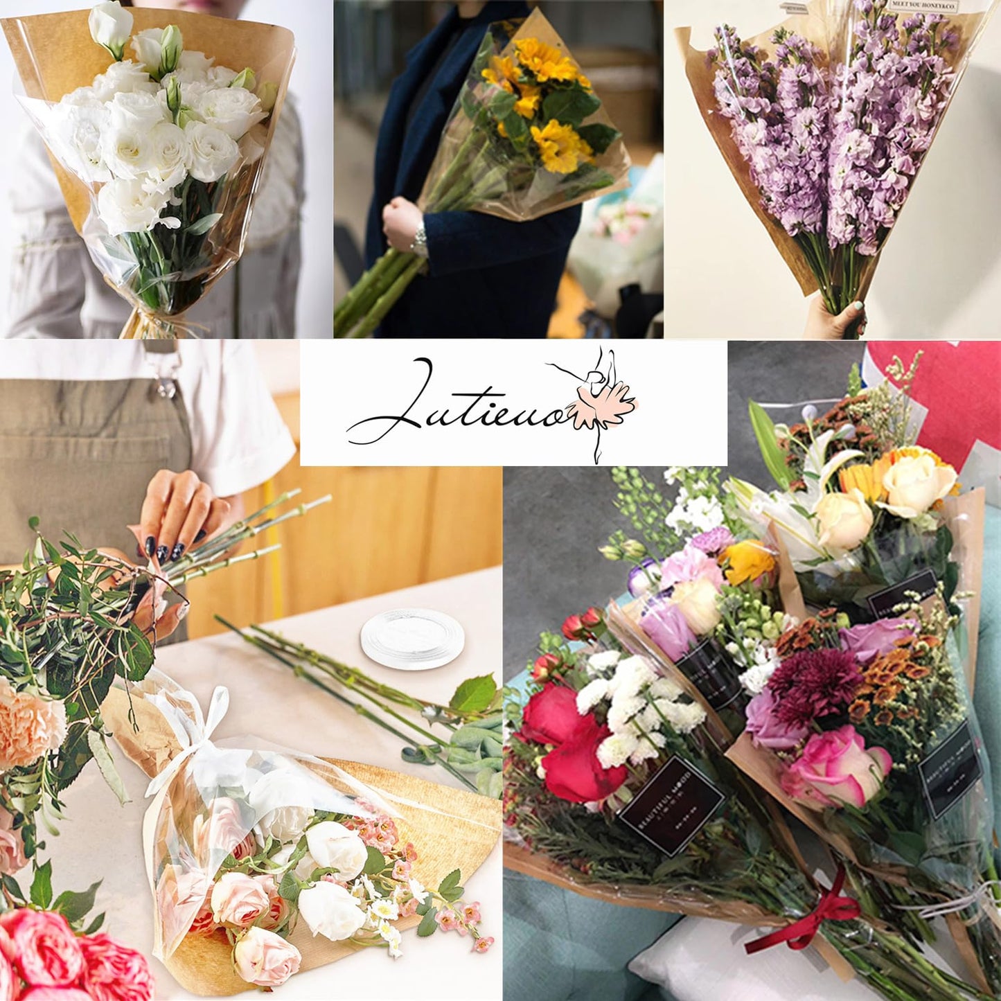 Jutieuo 50 Pcs Flower Bags for Bouquet, Flower Wrapping Kraft Paper Floral Sleeve Bouquet Bags with Ribbons for Florist Supplies Wedding Birthday Mother's Day, 14x22 Inches