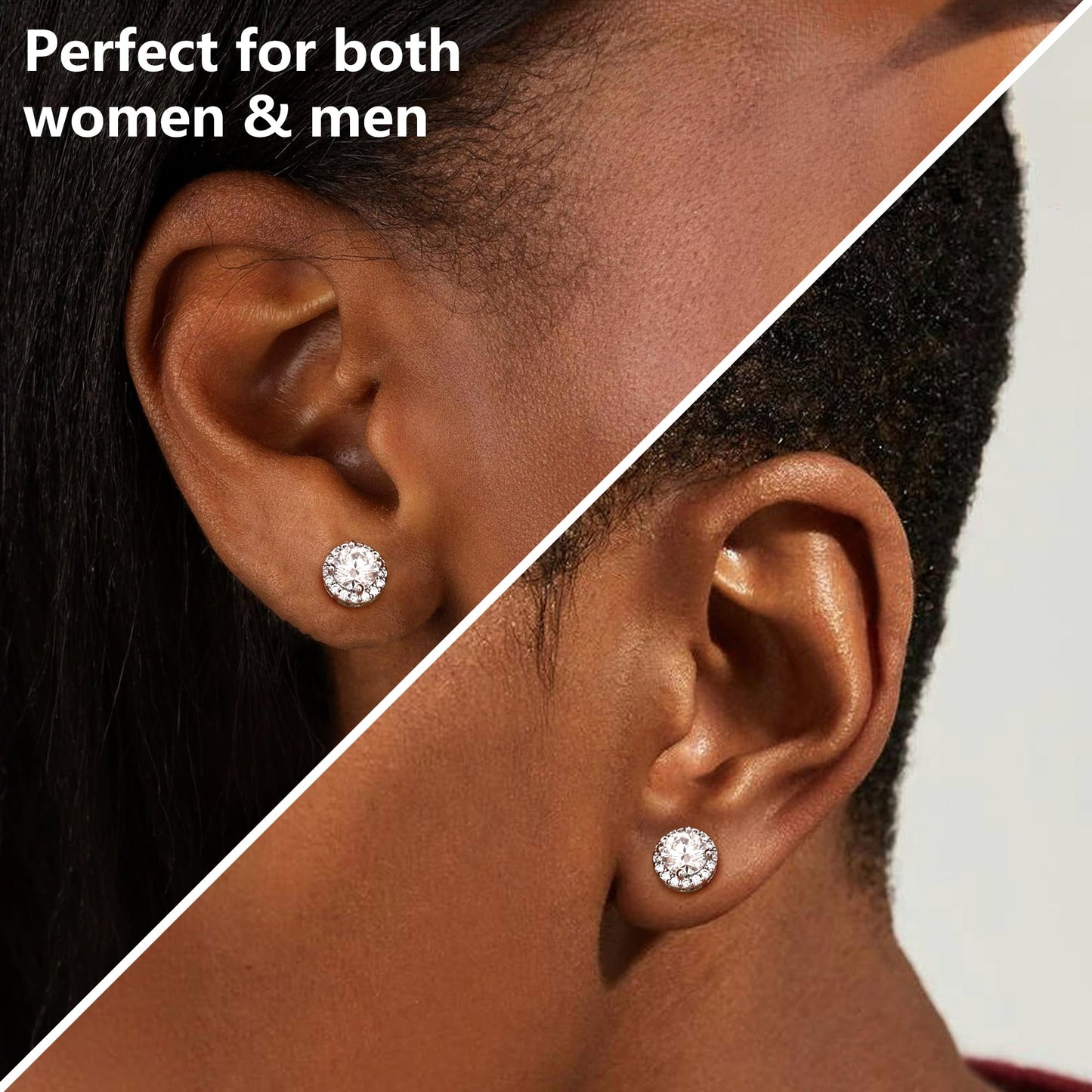GEMQUEEN Moissanite Magnetic Earrings for Men Women : Hypoallergenic 14K White Gold Plated Stainless Steel Non Piercing Fake Earrings Studs Halo Round D Color VVS1