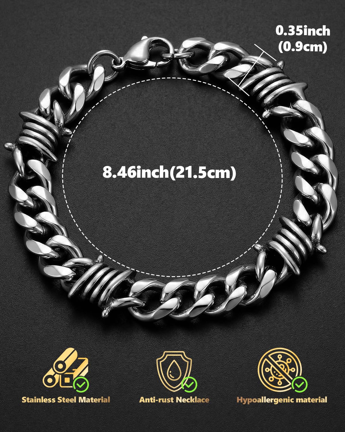 LuxGoth Stainless Steel Barbed Wire Thorns Chunky Cuban Link Chain Bracelet Gothic Punk Rock Biker Vintage Viking Brambles Link Curb Bracelet Jewelry for Men Women Silver GTS-B1B45057