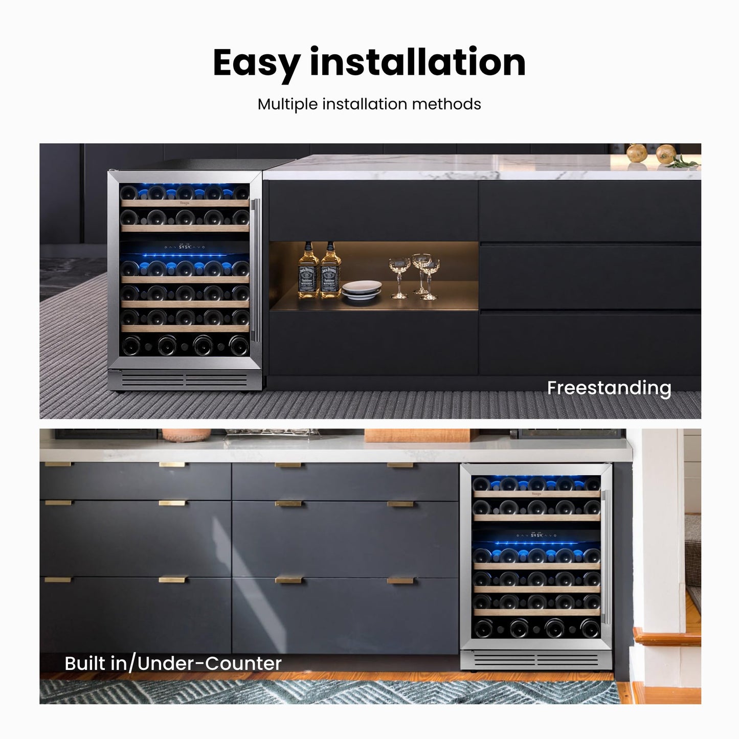 Yeego 24 Inch Wine Fridge Cooler - 52 Bottles Dual Zone Wine Cooler with Glass Door, 40-65℉ Built-In or Freestanding Refrigerator, Under Counter Wine Fridge for Kitchen Bar Office (Left-Hinged)