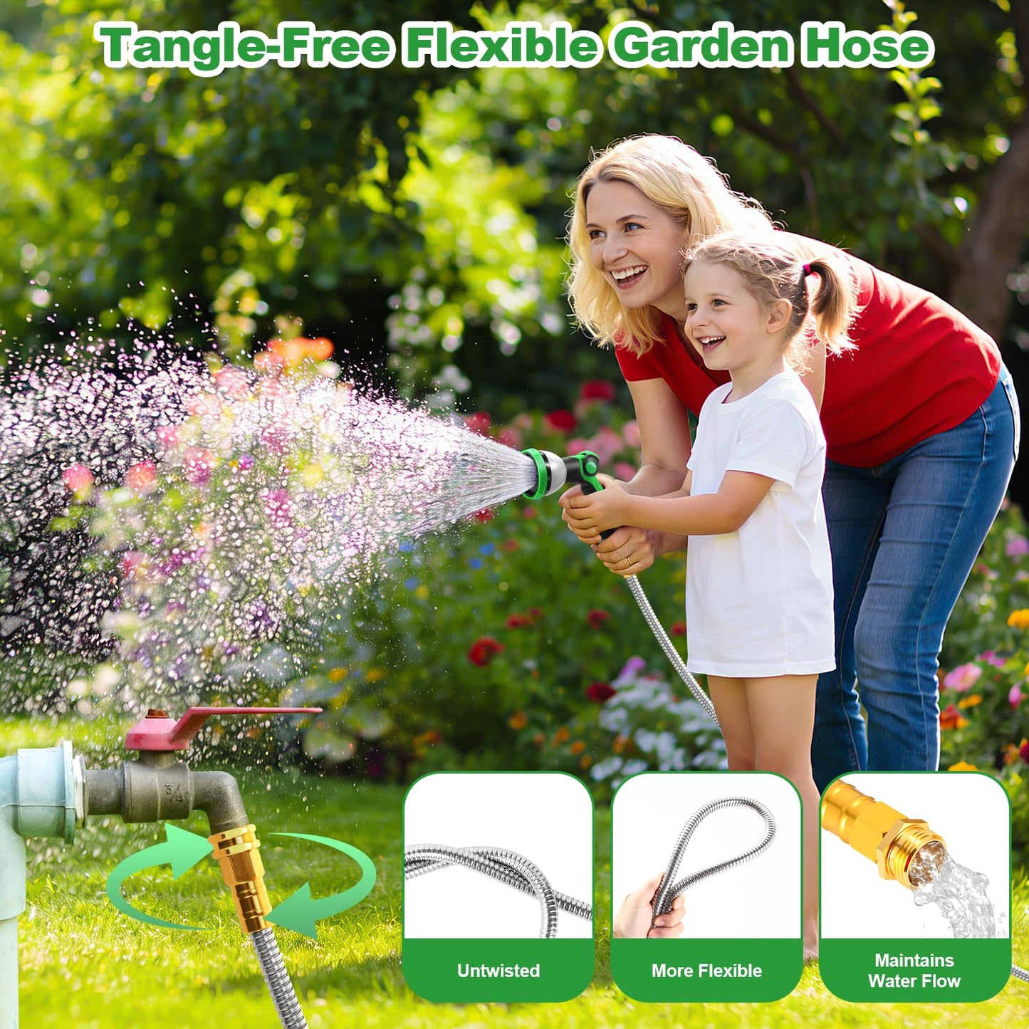 Toolasin Garden Hose 50ft, Flexible Stainless Steel Metal Water Hose with 10-Function Nozzle, No-Kink, Leak-Proof, Wear-Resistant, 3/4 GHT, Easy to Use and Store for Garden, Yard, Outdoor