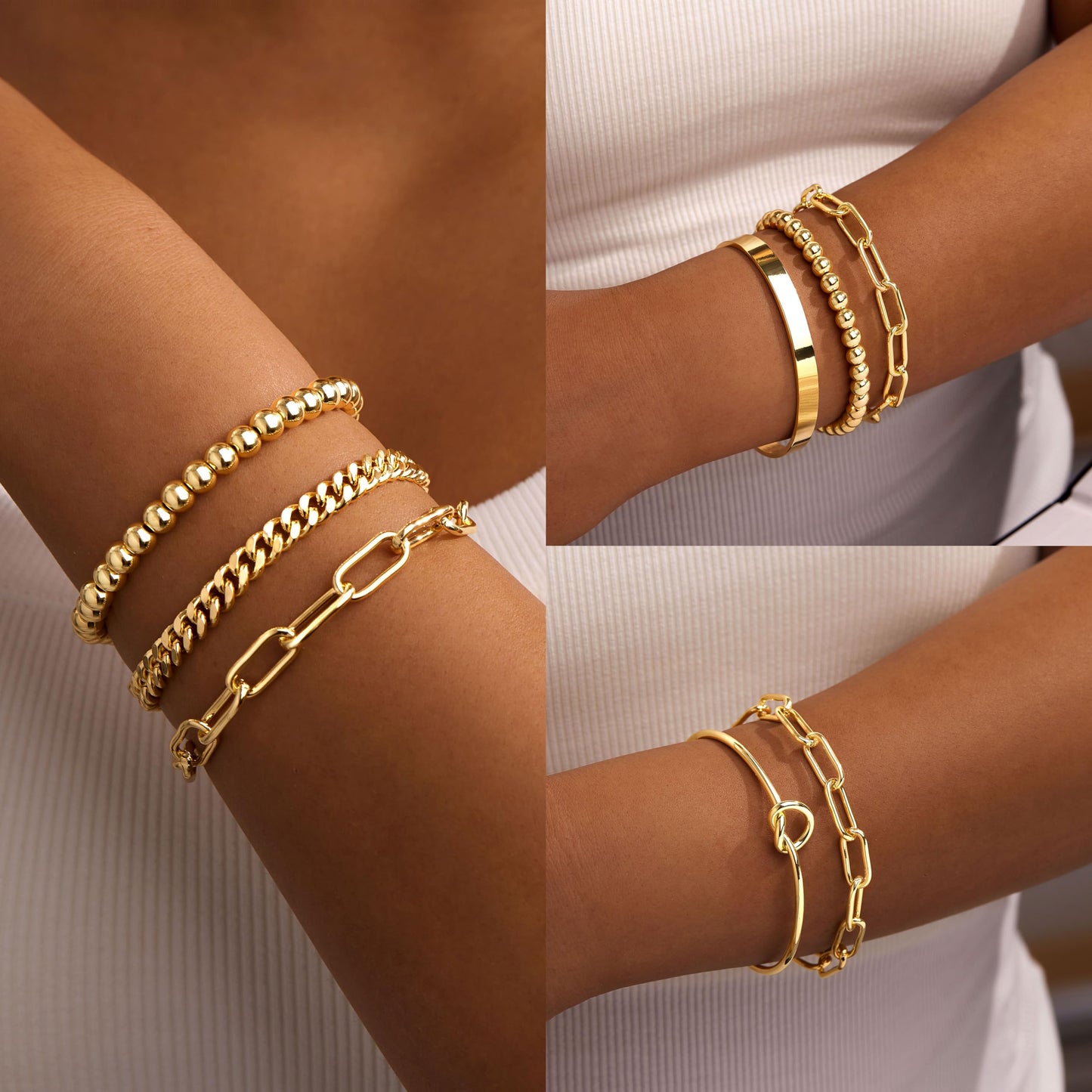 Gokeey Gold Bracelets for Women Non Tarnish Waterproof 14K Real Gold Plated Bracelets Stack Dainty Chunky Bangle Cuff Love Knot Paperclip Bead Cuban Bracelet Layered Chain for Jewelry Gifts