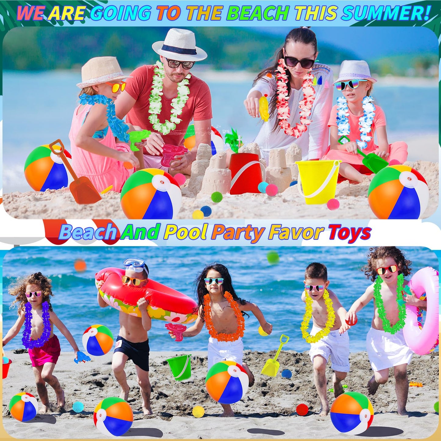 Oleitodh 126 Pcs Kids Summer Beach Party Favor Bulk-Includes 18 Inflatable Beach Balls, 36 Sand Bucket&Shovel Set, 18 Neon Sunglass, 18 Water Guns,18 Water Balls,18 Hawaiian Leis for Luau Party Decor