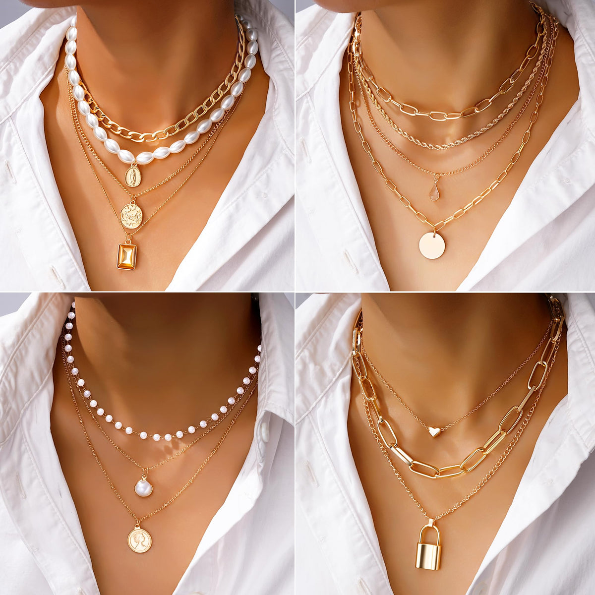 FAXHION 68 Pcs Gold Jewelry Set for Women with 7 Necklace, 17 Bracelet, 5 Hoop Earrings, 15 Stud Earrings, 24 Knuckle Rings for Women Jewelry Set for Women