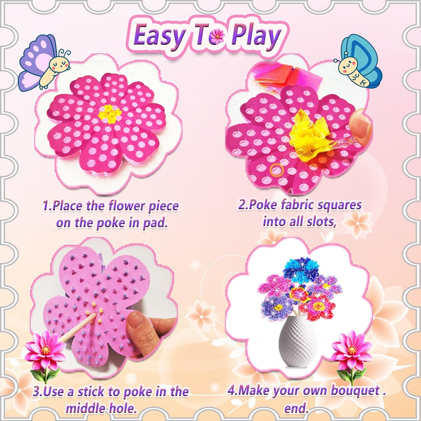 JRD&BS WINL Poke in Fun Art Kit for Kids Ages 3 up, Flower Bouquet Creative Decor Mess Free Art Set for Children Fun Activity Gifts for Boy and Girls 4-8 Year Old DIY Fabric Craft (Flower Bouquet)