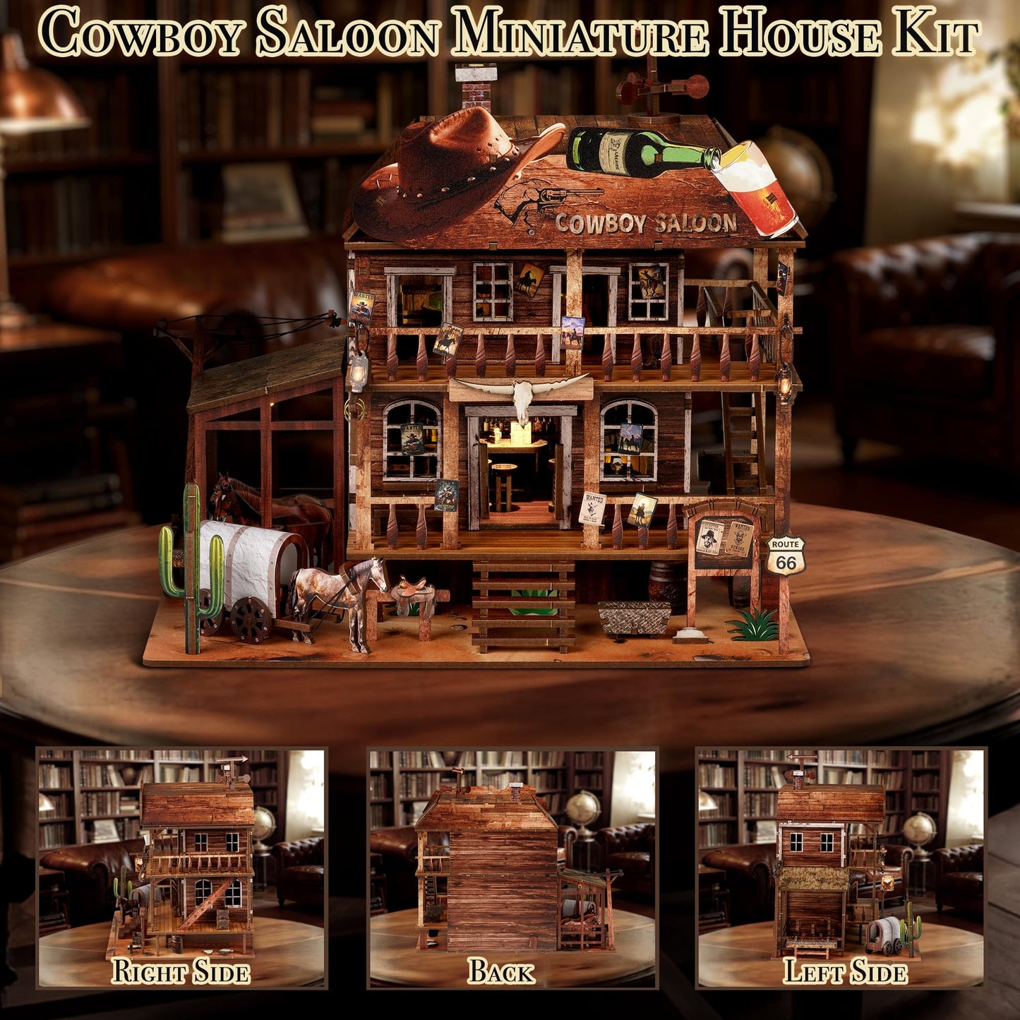 Cowboy Saloon Miniature Kit - DIY Miniature House Kit for Adults, Teens, Dollhouse Booknook Bookshelf Insert Decor with LED Light, 3D Wooden Puzzle Gifts for Family, Friends
