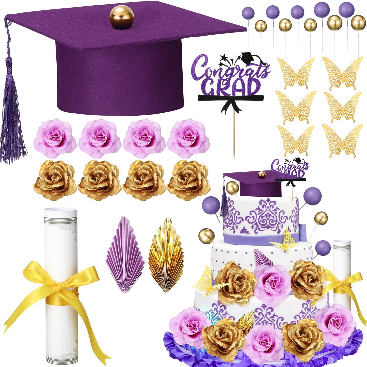 Jingmore Graduation Cake Kit Included Felt Graduation Cap Diploma Classic Black Congrats Grad Cupcake Toppers Beads Leaf Flowers Cake Decorations for Class of 2026 Party(Purple and Gold)