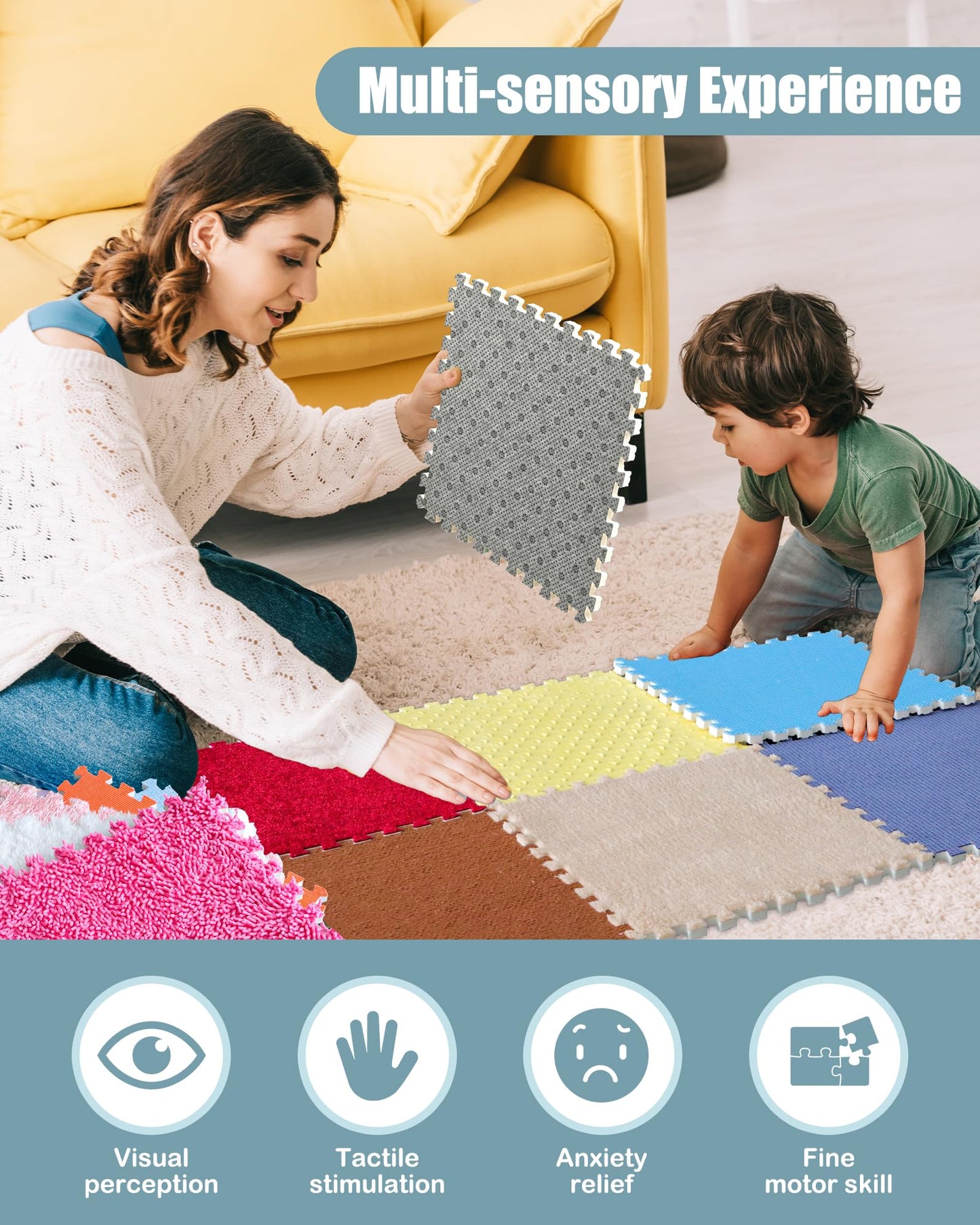 MOTGOM 12 Set Sensory Floor Tiles - Textured Sensory Mats, Interlocking Sensory Rug Sensory Toys for Autistic Children Kids Baby Toddler Multi Sensory Exploration, Tactile Play, Fidgeting Activity