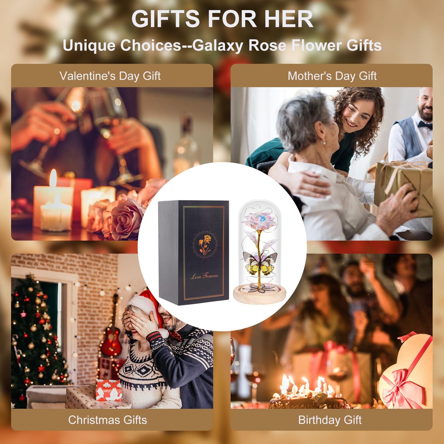Beferr Birthday Gifts for Women Galaxy Glass Rose Forever Preserved Flowers for Delivery Light Up Rose in Glass Dome Mothers Day Butterfly Gifts for Mom Wife Grandma Her Daughter Girlfriend