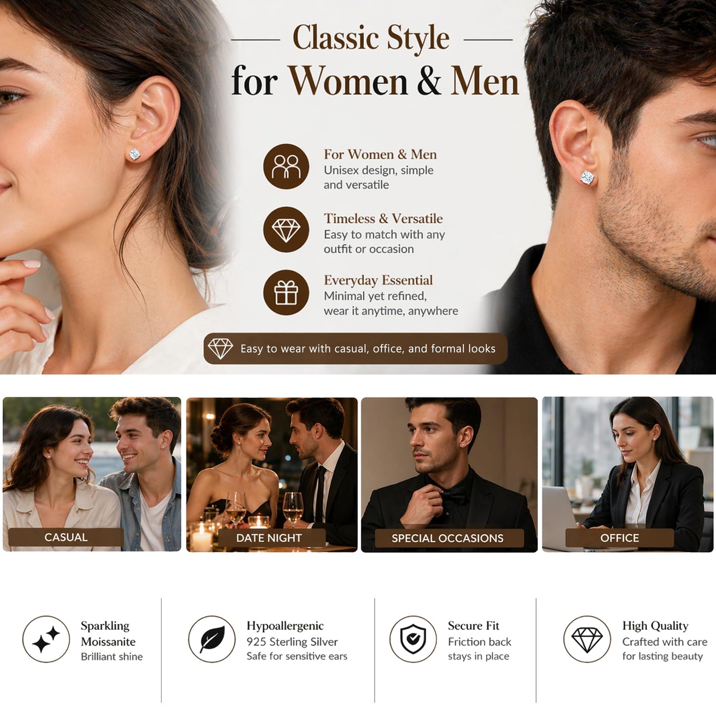 Impalsory Moissanite Stud Earrings 3.0CT 9mm for Women Men, 925 Sterling Silver Hypoallergenic Earrings, 18K White Gold Plated, Secure Friction Back, Brilliant Round Cut D Color VVS1