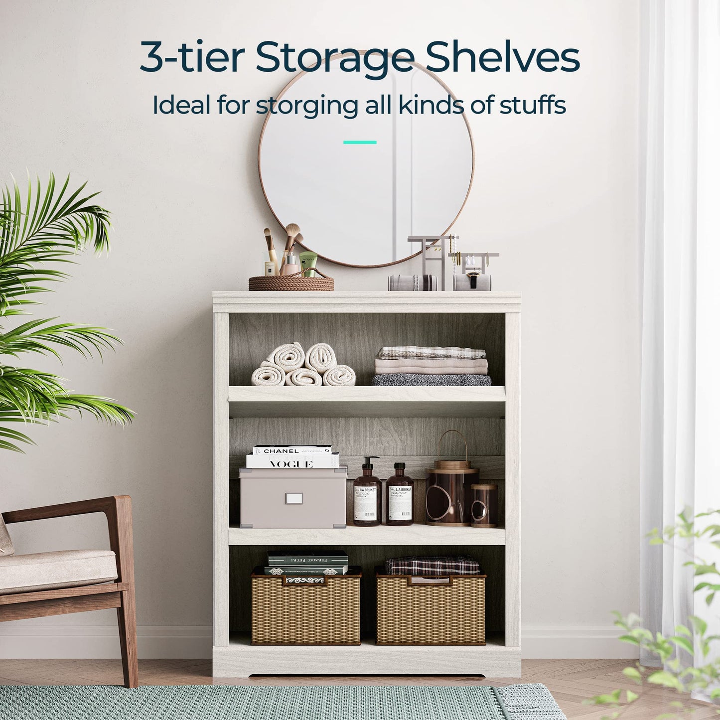 LINSY HOME 3-Tier Bookcase, Small Bookshelf Wood Display Storage Shelves Farmhouse Bookshelf for Home Office, Living Room, Bed Room - White Oak