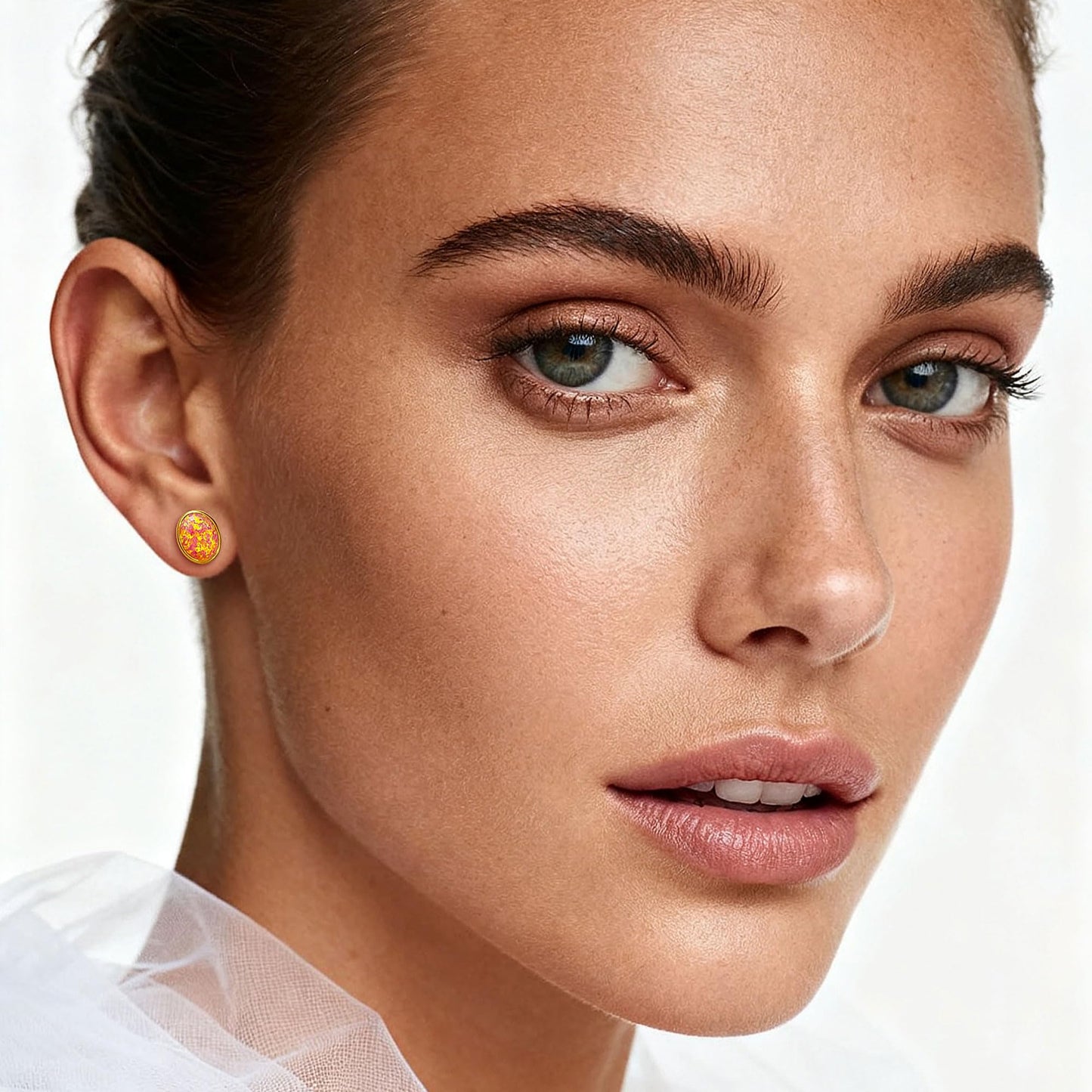 JiayangJY Silver Red Fire Opal Stud Earrings for Women 18K Yellow Gold Plated Sterling Silver Oval Shape 7mm Opal Earrings with Push Back