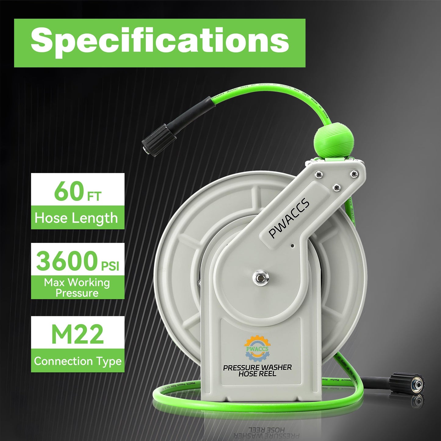 PWACCS Retractable Pressure Washer Hose Reel, 1/4" x 60ft Heavy Duty Power Washer Hose Reel, High Pressure Reel Auto Rewind, Wall/Floor Mounted, 3600 PSI