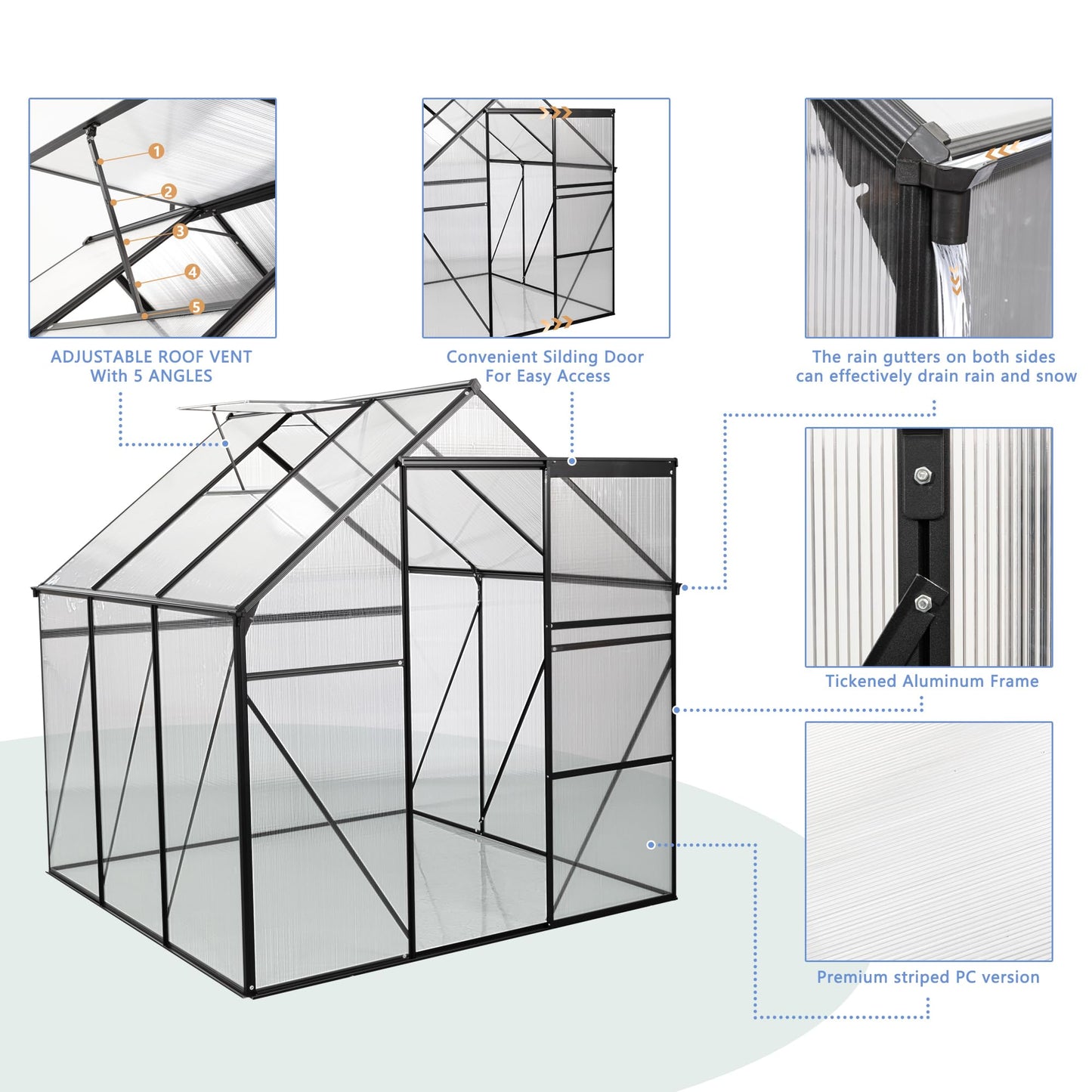 Lovtimber 6X6FT Polycarbonate Greenhouse, All Season Heavy Duty Walk-in Garden Plants Green House for Outdoor Backyard, Raised Base and Anchor Aluminum, Black