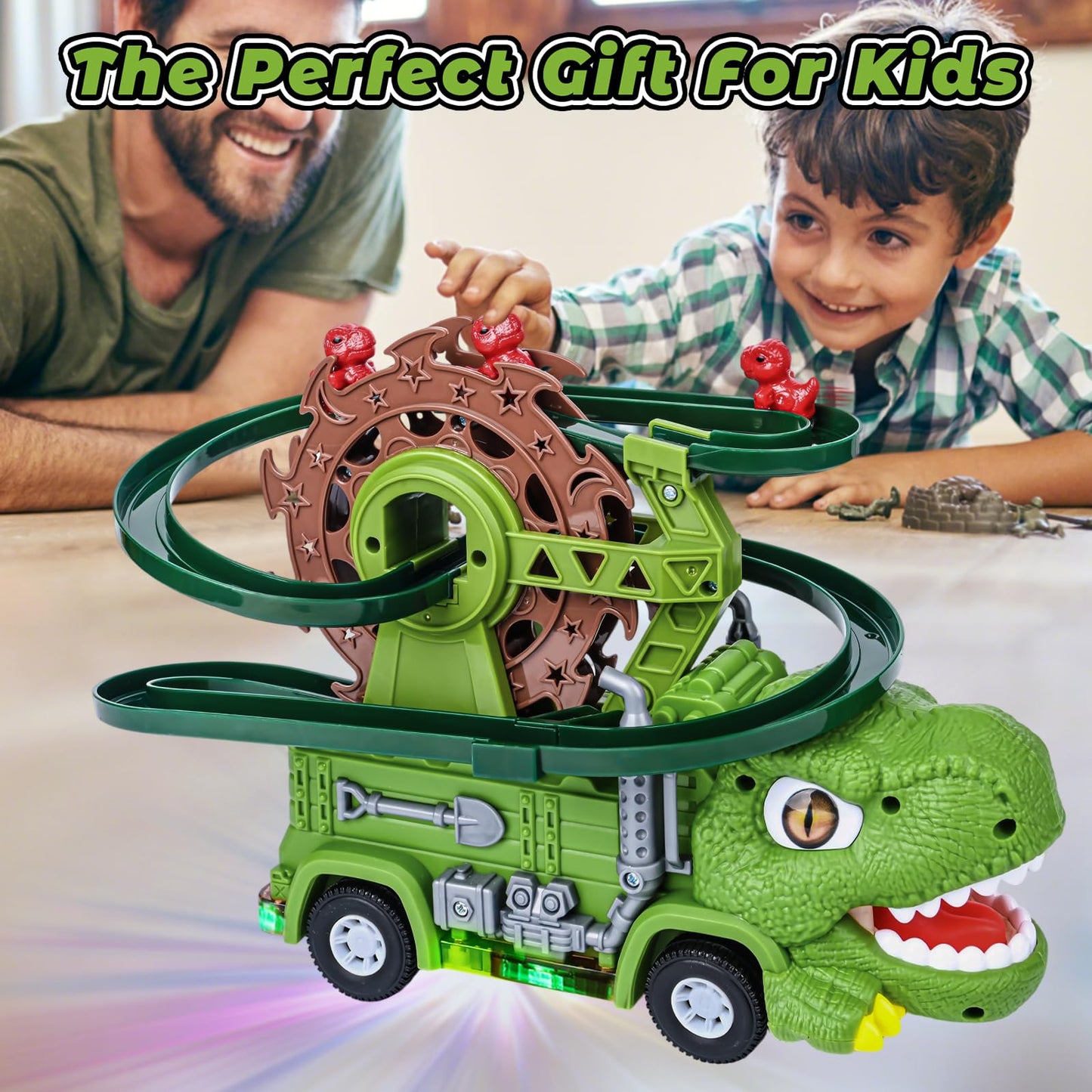 Tyyseis Dinosaur Toys for Kids,2 in 1 Dinosaur Truck Set wiht Nonstop Sliding Baby Dinos On Tracks,Auto Avoids Obstacles Toddlers Crawling Toys,Birthday Gifts with Music Lights for 3 4 5 Year Old Boys