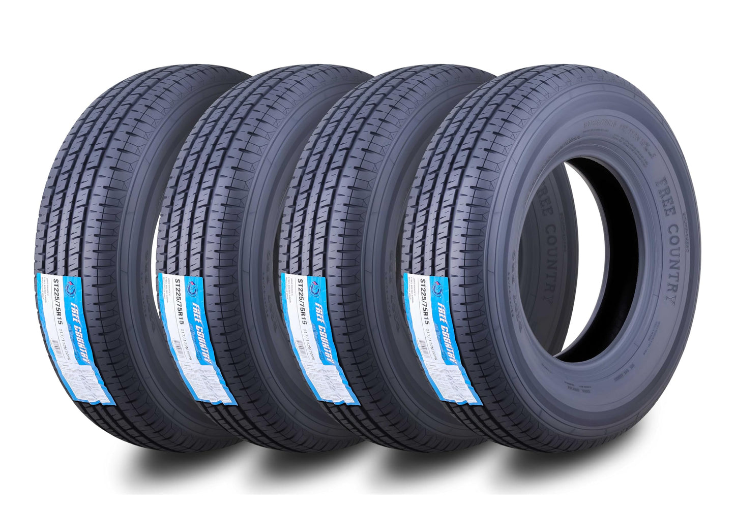 Free Country Grand Ride Set 4 Trailer Tires ST225/75R15 10 Ply Load Range E Steel Belted Radial w/Featured Scuff Guard