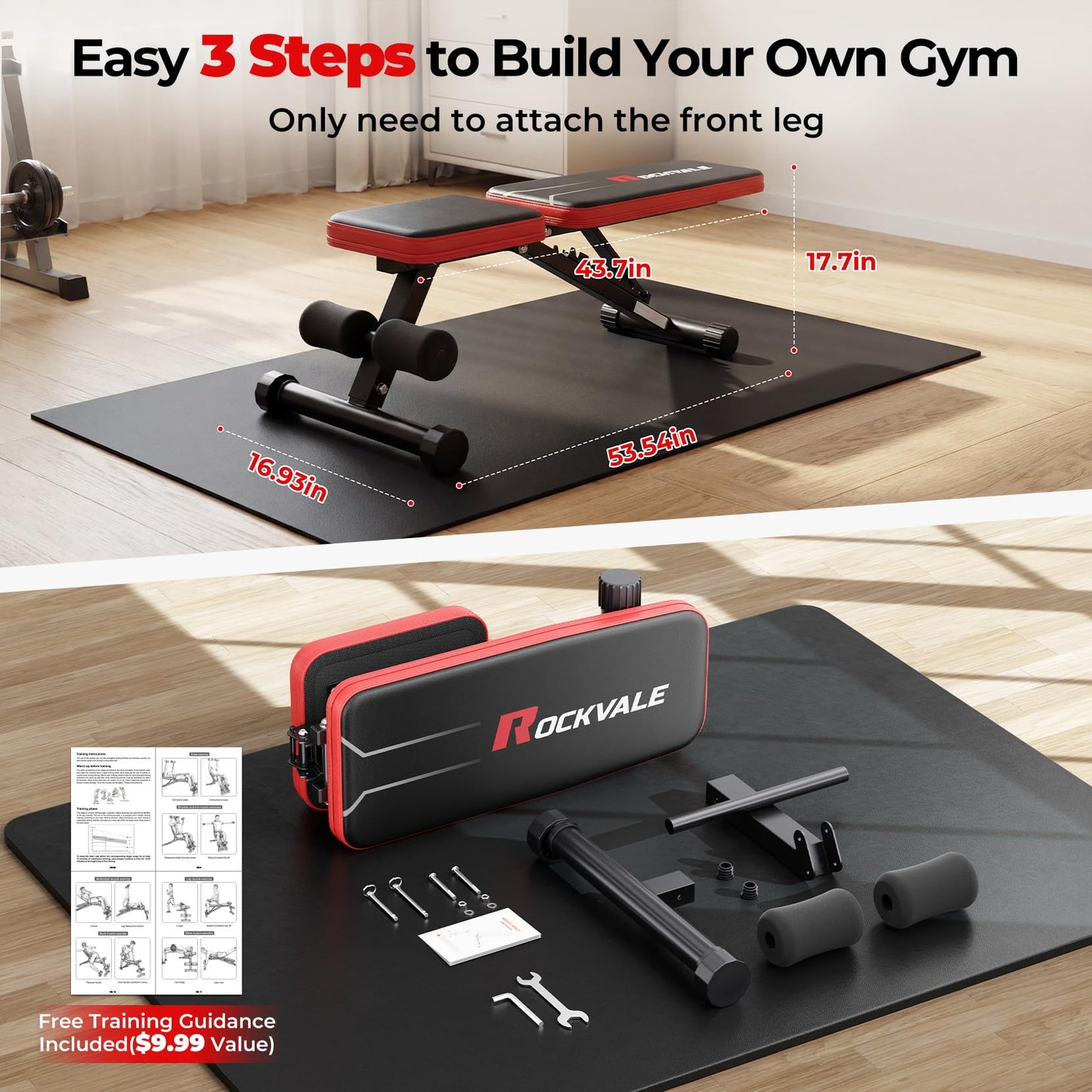 Rockvale 95% Pre-assemble Adjustable Weight Benches for Home Gym, 9 Backpad Positions Workout Bench, 660lb Compact Bench Press for Small Space(1Sec Fast Folding)