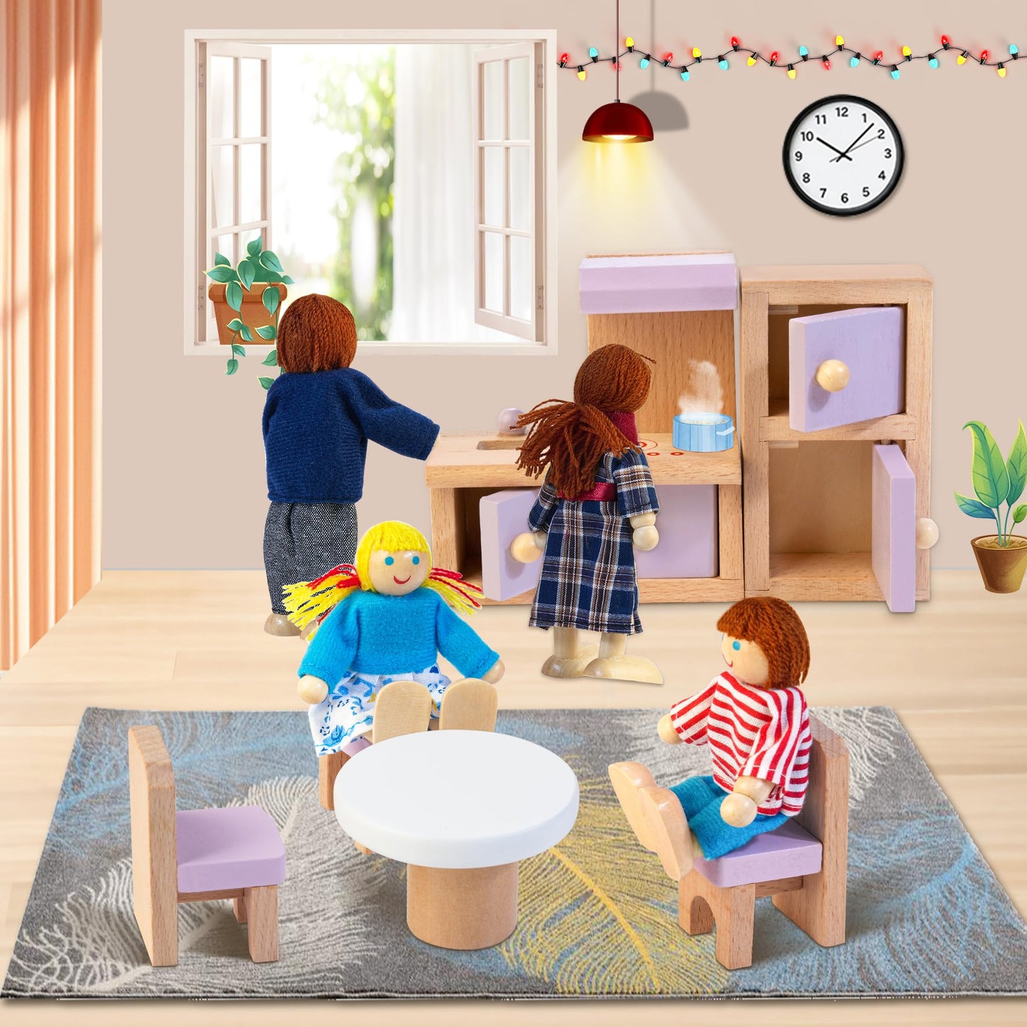 Kizfarm Wooden Dollhouse Furniture Set with 4 Family Dolls, 26 Pcs Pretend Play Dollhouse Accessories for 4 Rooms, Pink Furniture Toys Birthday Gifts for Girls Boys Age 3+