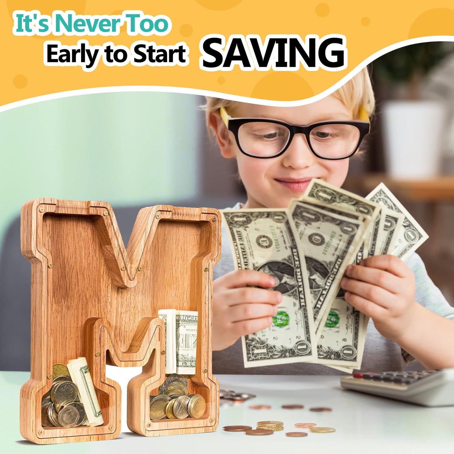 SummiDate Wooden Letter Piggy Bank for Kids| Piggy Bank for Boys Girls Toddler| Alphabet M Money Bank| Personalized Initial Wood Coin Bank Birthday for Kids (M)