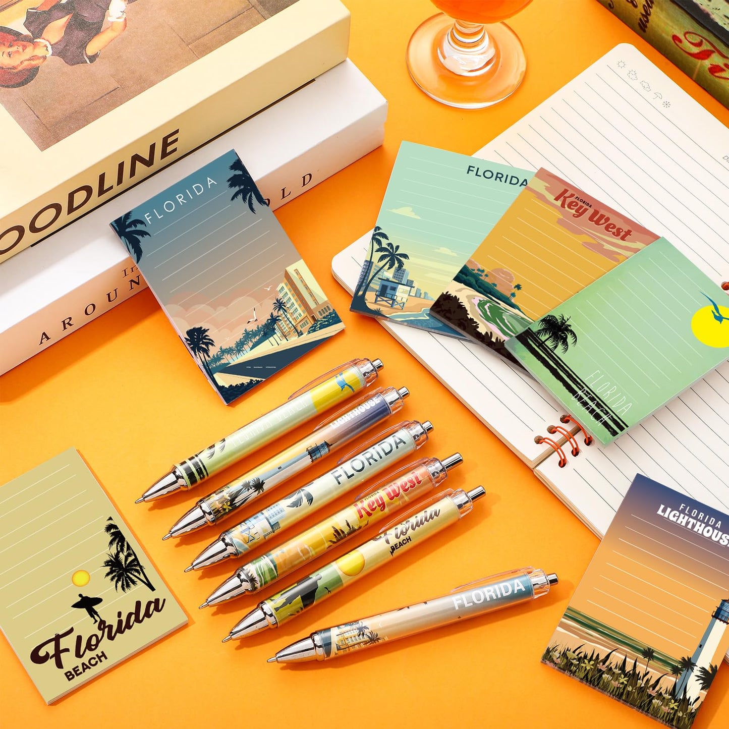 Gilprop 24 Pcs Florida Gifts Set Florida Notepads with Pens Cute Self Stick Notes Pens for Lover Sticky Notes Ballpoint Bulk for Traveler Birthday Party Favors Souvenirs Gifts(Orange)