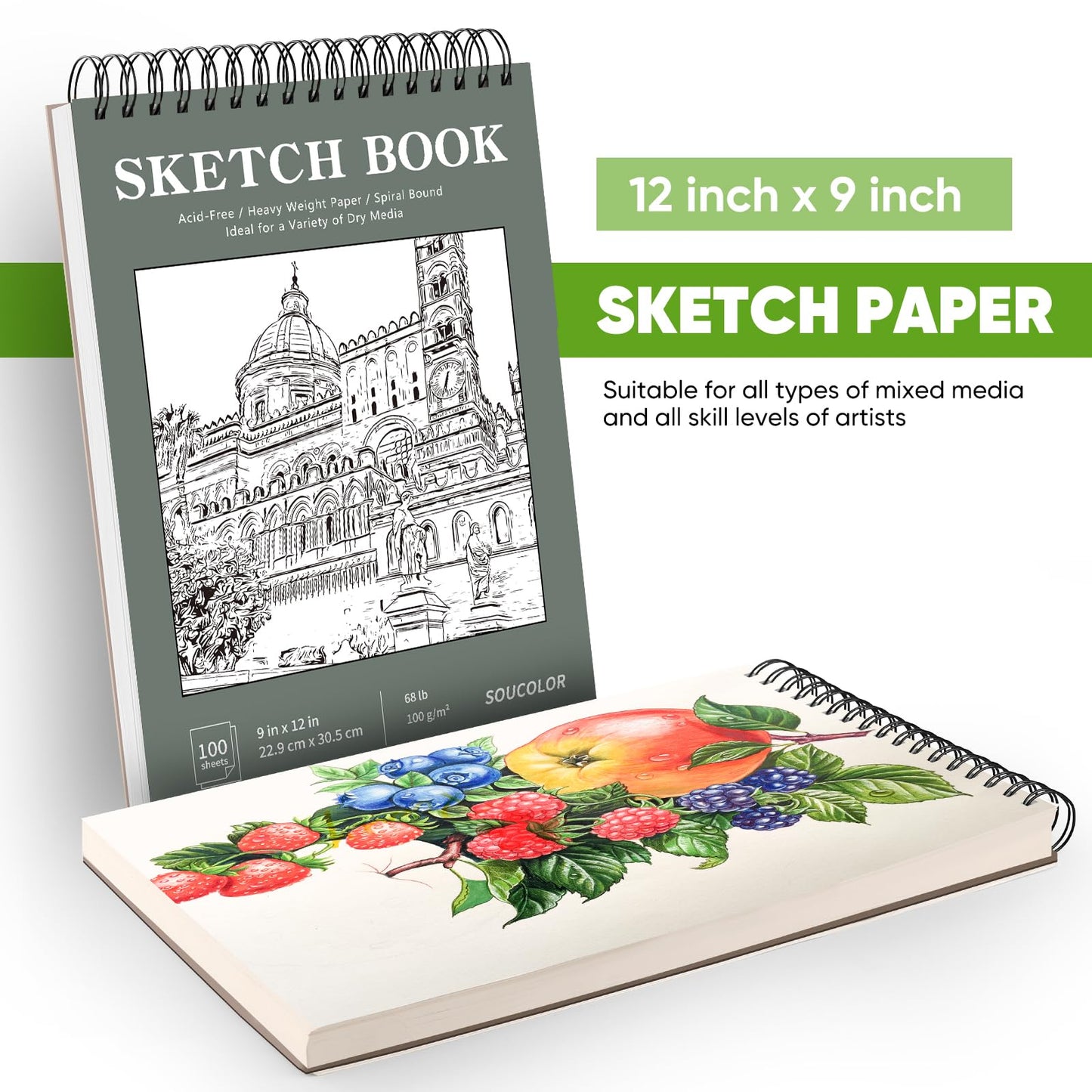 Soucolor 9" x 12" Sketch Book, 1-Pack 100 Sheets Spiral Bound Art Sketchbook, Acid Free (68lb/100gsm) Artist Drawing Book Paper Painting Sketching Pad, College Essentials